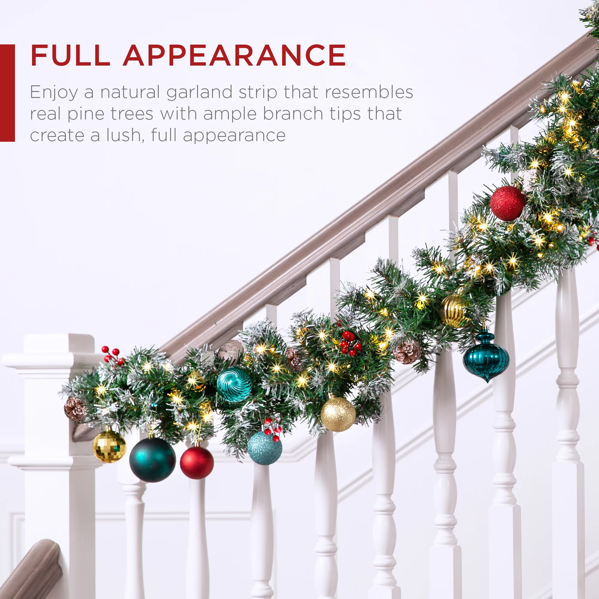 Best Choice Products 9ft Pre-Lit Pre-Decorated Garland w/ PVC Branch Tips, 50 Lights, Pine Cones, Berries - Semi-Flocked