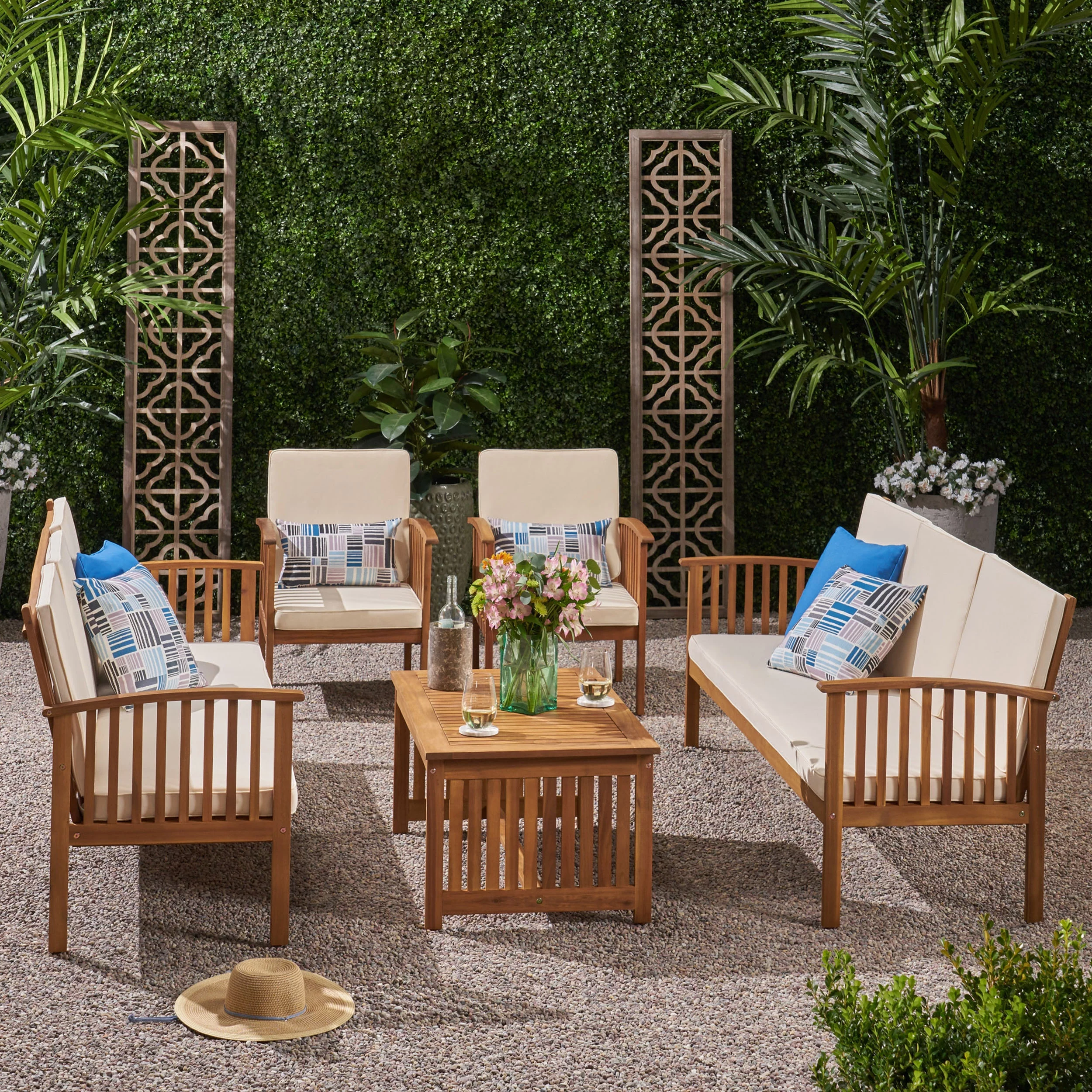 GDF Studio Navan Outdoor Acacia Wood 8 Seater Sofa Chat Set with Cushions, Teak and Cream