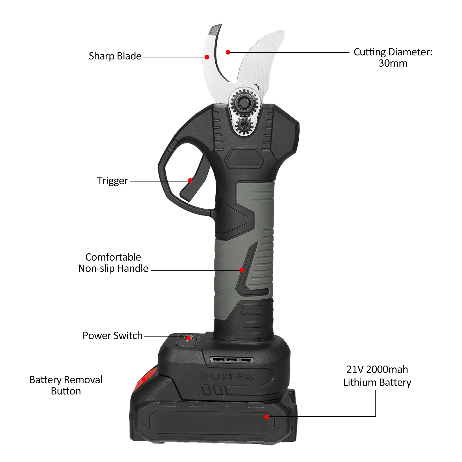 Walmeck Rechargeable Handheld Electric Pruning Shears, 21V Cordless Tree Branch Pruner with Carry Case and 30mm Cutting Diameter