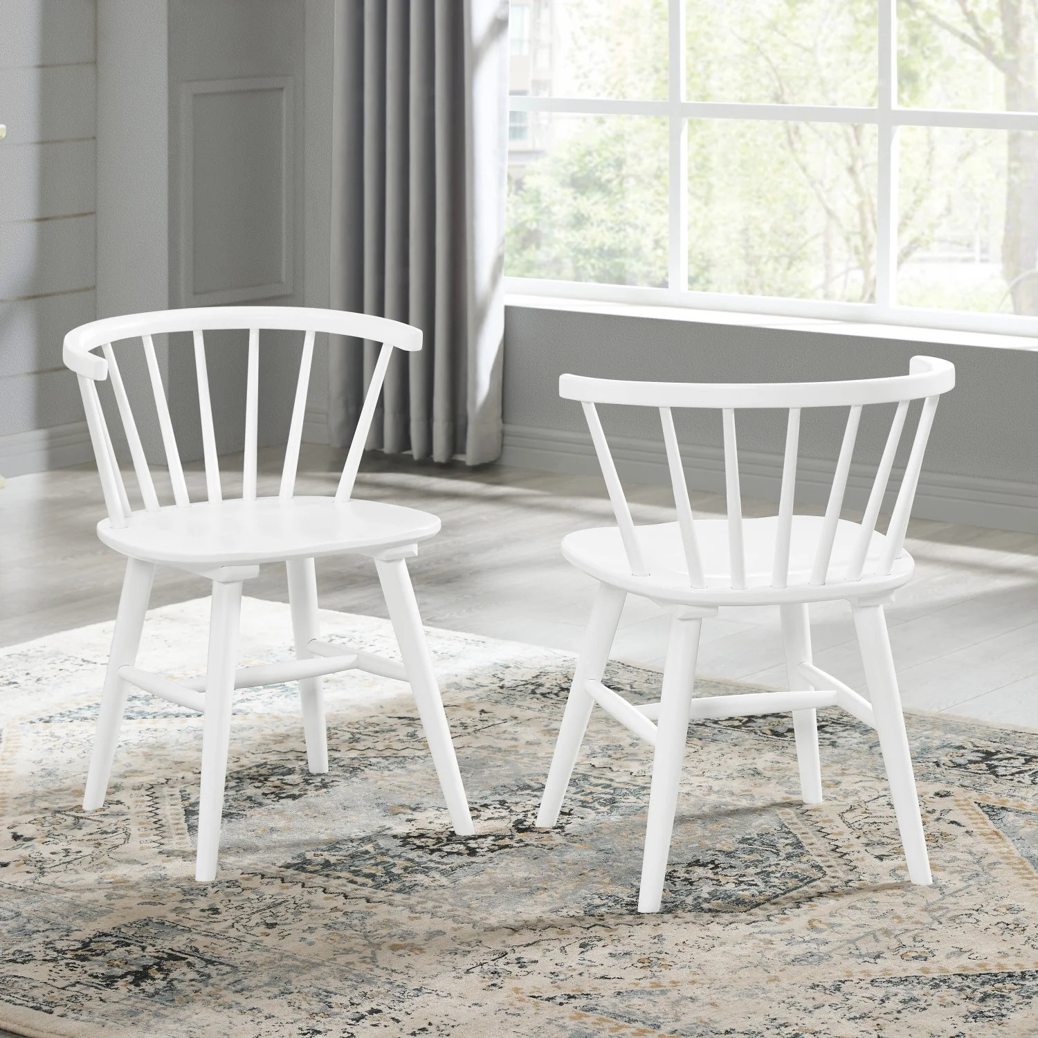 Elegant and stylish set of 2 contemporary white Alwynn wooden Windsor spindle back dining chairs - Modern furniture for kitchen or dining room.