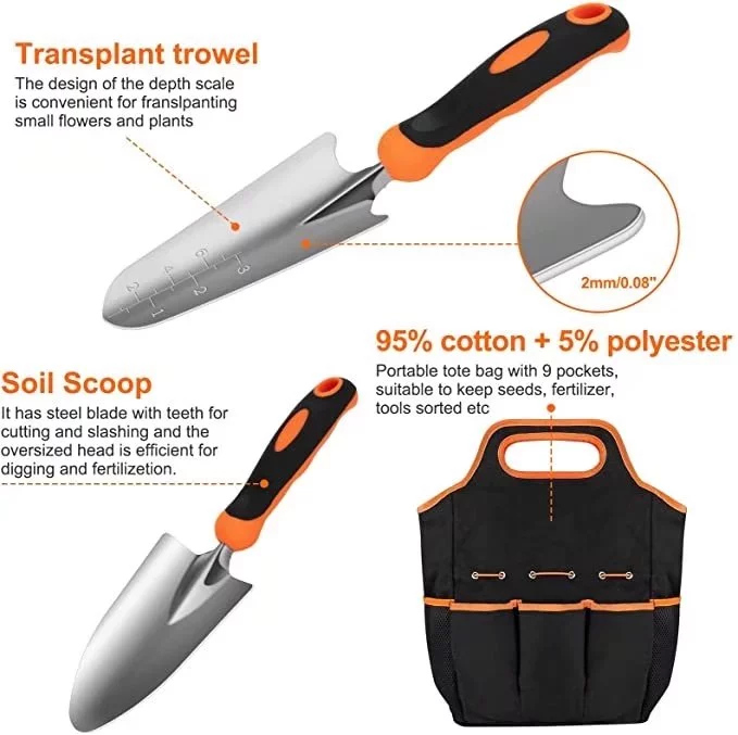 Garden Tool Set 3 Piece Heavy Duty Gardening Kit with Soft Rubberized Non-Slip Handle (Orange)