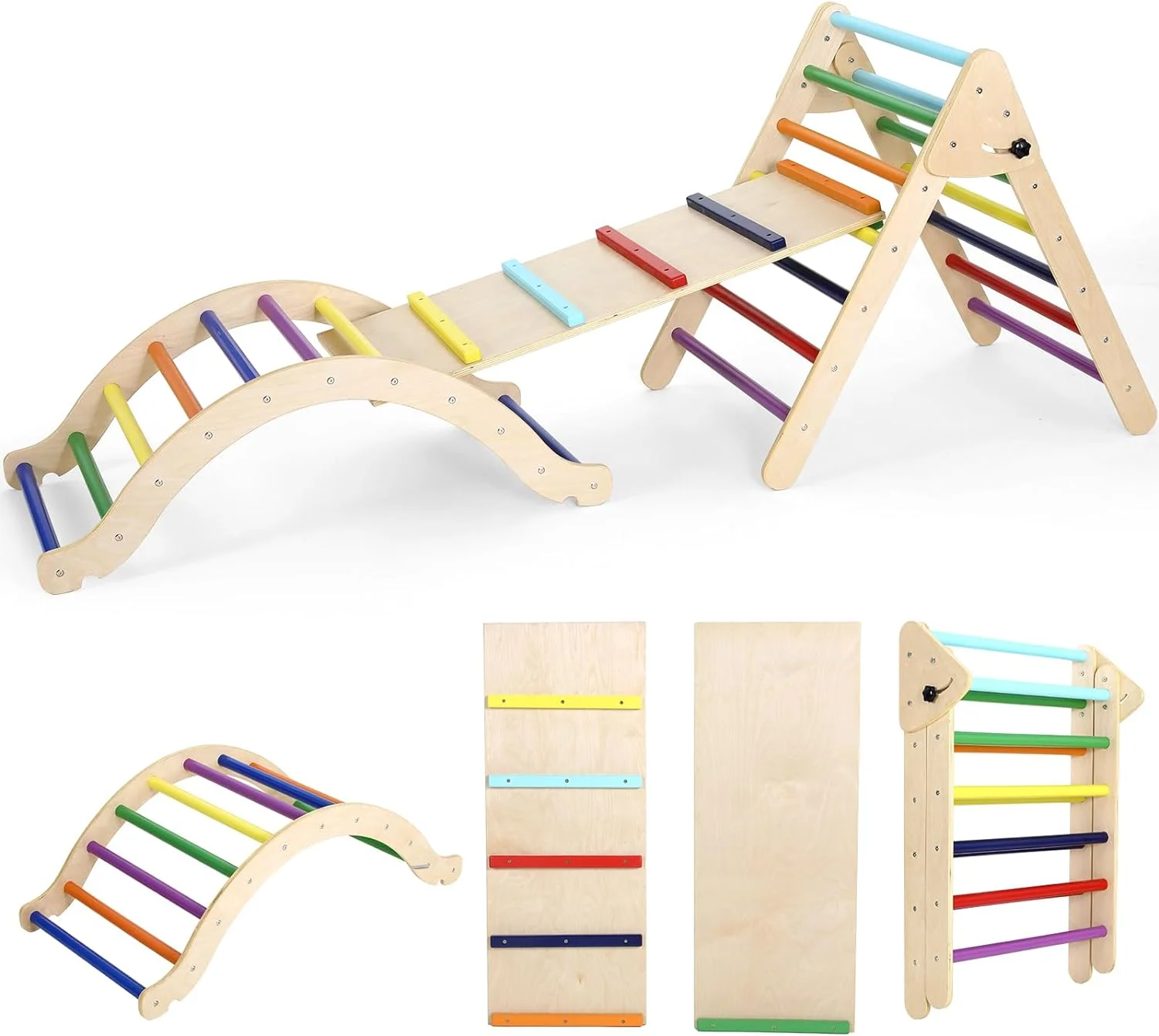 5 in 1 Pikler Triangle Toys, Climbing Triangle Ladder Toys with Ramp & Arch, Toddler Wooden Climber Gym, Sliding or Climbing Montessori Toy Set, Gift for Boys Girls