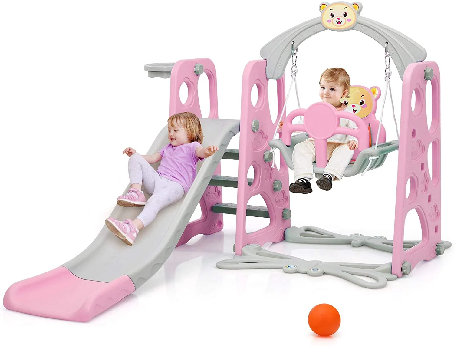 4 in 1 Toddler Swing and Slide Set for Indoor Outdoor Backyard, Kids/ Baby Play Climber Playset with Safety Belt, Basketball Hoop, Extra Long Slide and Ball (Pink Bear)
