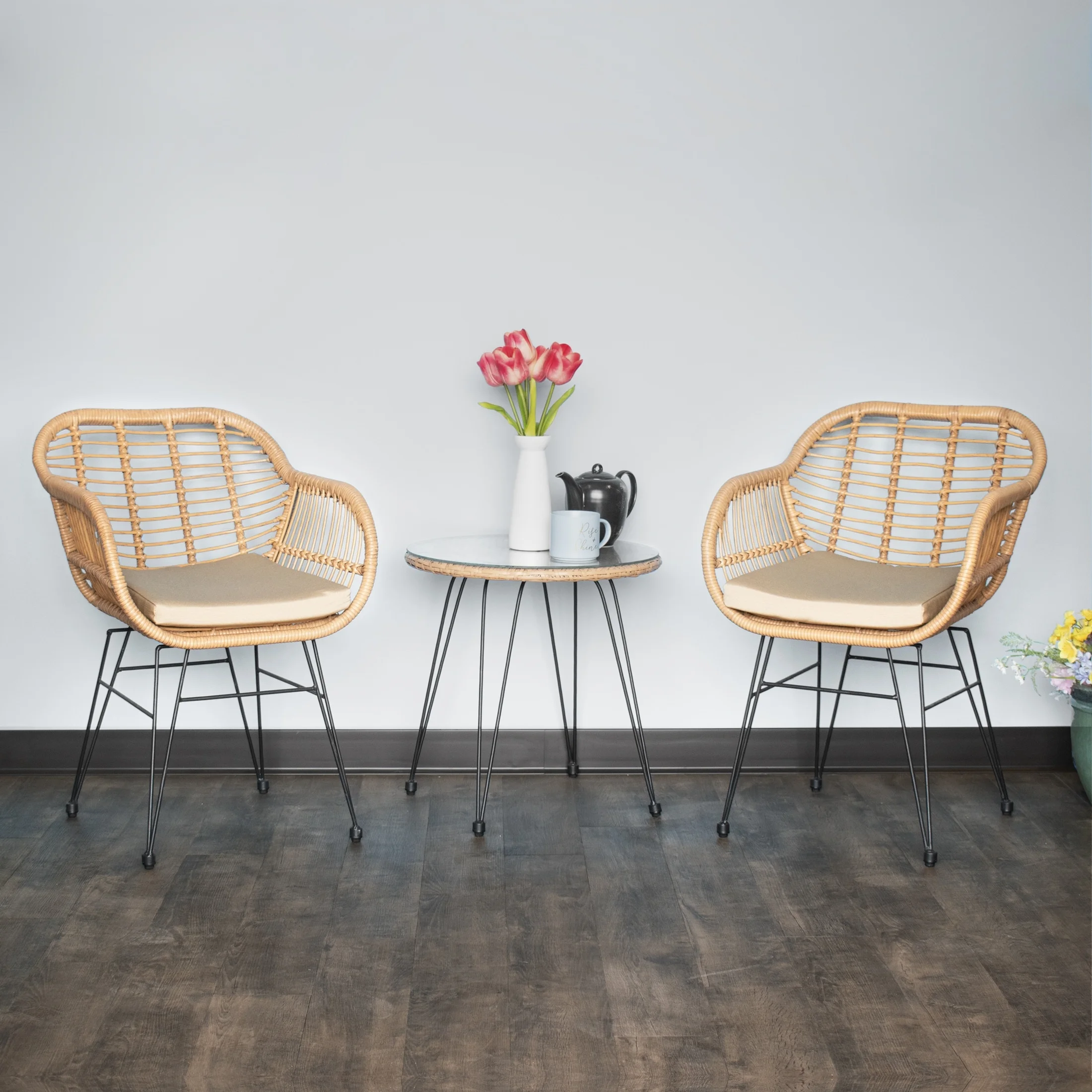 Crescent 3-Piece Outdoor Wicker Patio Bistro Set with Cushions White