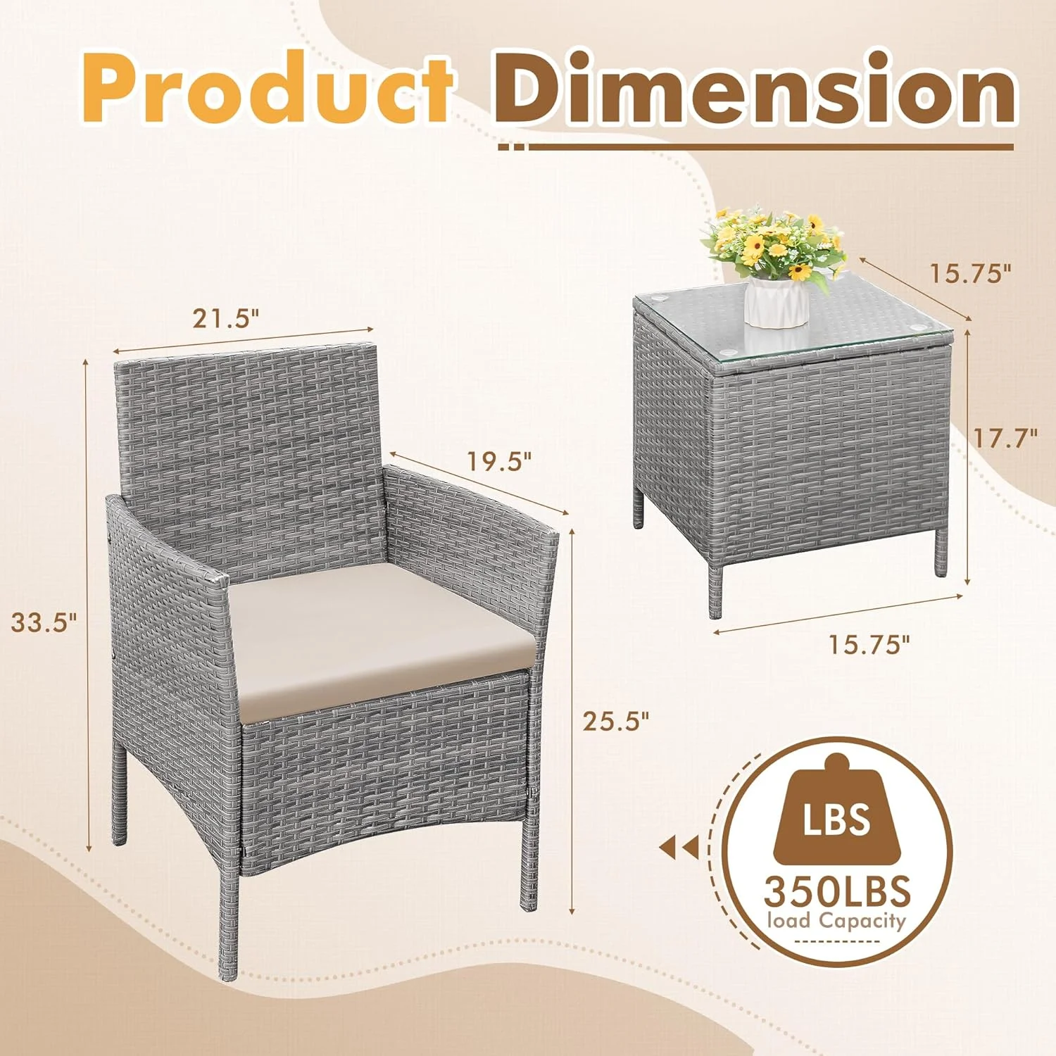 Patio Furniture Set 3 Pieces All-Weather Rattan Outdoor Furniture Patio Chairs with Tempered Glass Table for Porch Bistro Balcony (Grey/Beige)