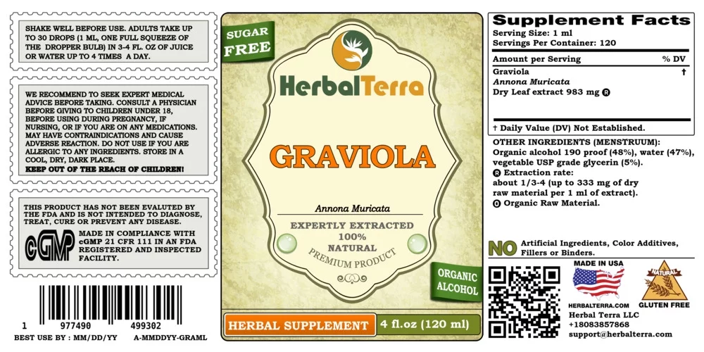 Graviola Dry Leaf Absolutely Natural Expertly Extracted by Trusted HerbalTerra Brand Certified Organic Alcohol-Based Liquid Extract. Proudly made in USA. Tincture 4 Fl.Oz