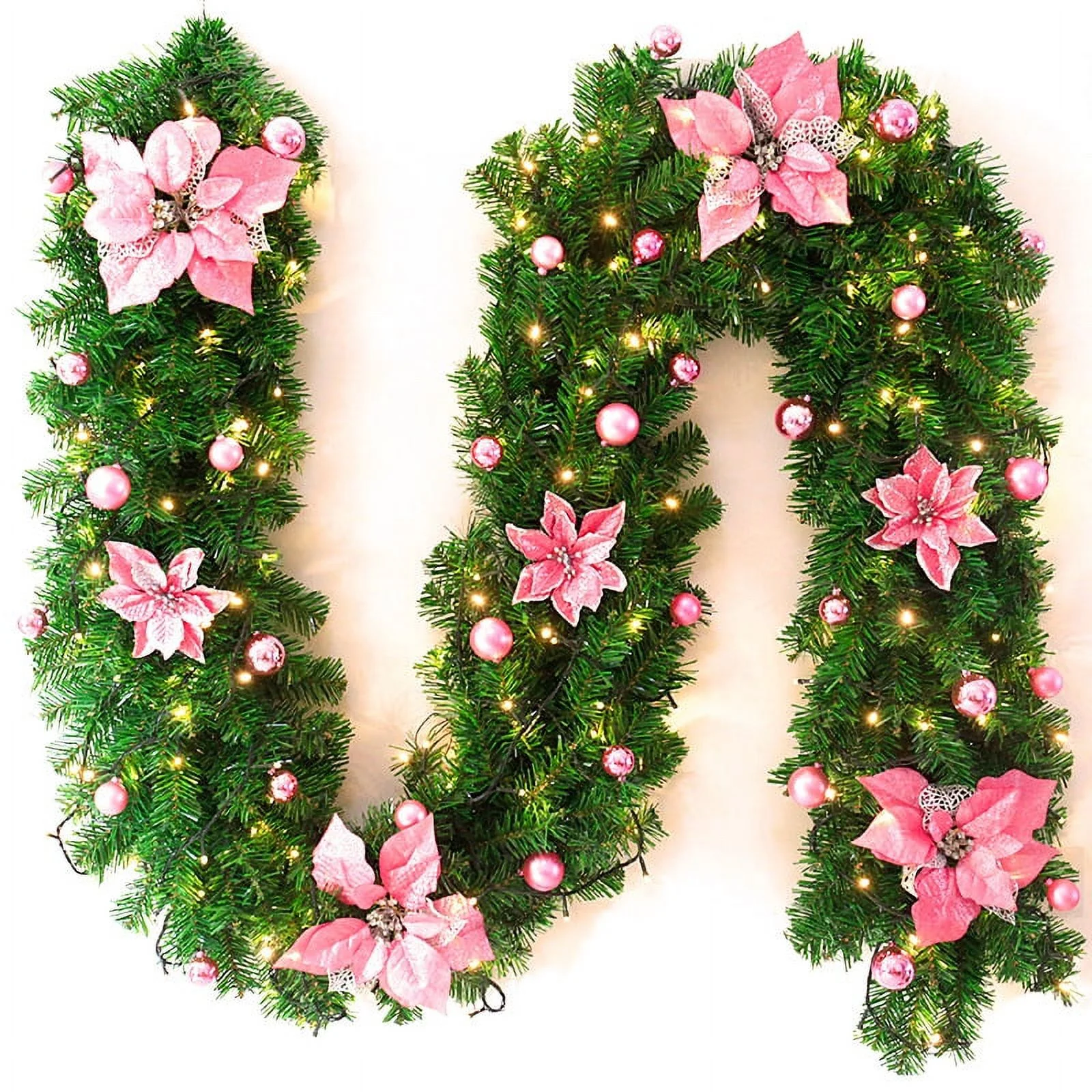 9ft Christmas Garland with Lights Pine Garland with Red Berry for Christmas Decoration Outdoor Indoor Stairs Fireplace Home Holiday A15