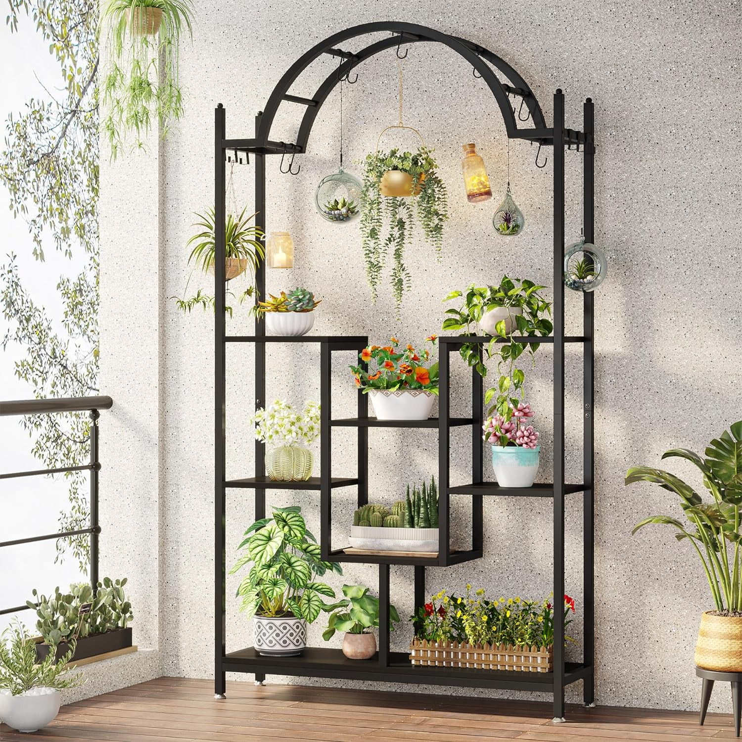 5-Tier Tall Indoor Plant Stand, 74.8'' Arched Metal Flower Shelf with Hanging Hooks, Large Bonsai Pots Display Rack for Indoor, Balcony, Living Room