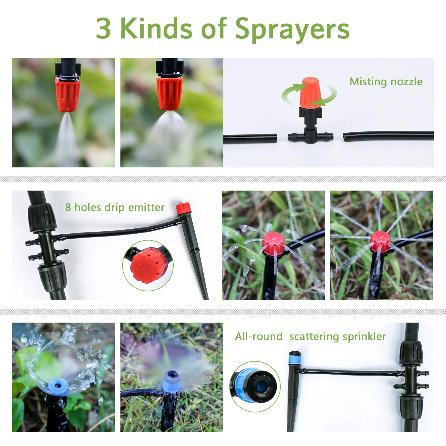 226FT Greenhouse Micro Drip Irrigation Kit Automatic Irrigation System Patio Misting Plant Watering System with 1/4 inch 1/2 inch Irrigation Tubing Hose Adjustable Nozzle Emitters Barbed Fittings