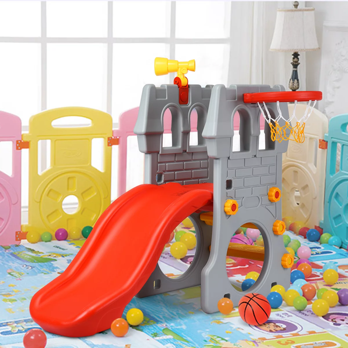 Children Castle Slide Play Slide with Basketball Hoop and Telescope Toy
