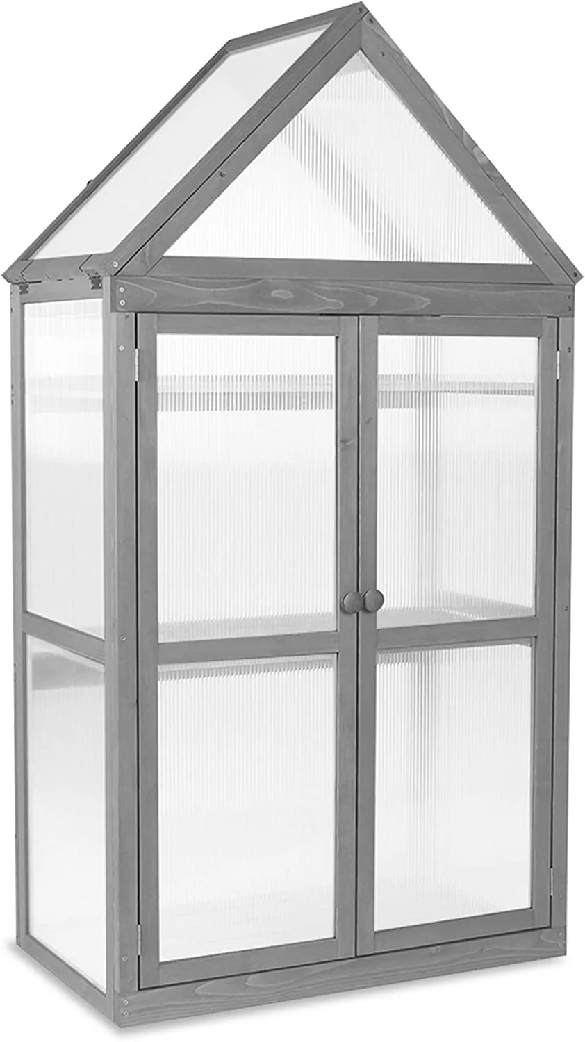 Greenhouse Cold Frame Wooden Garden Raised Flower Planter Shelf with Hard Translucent PC Protection, 0800 (Grey)