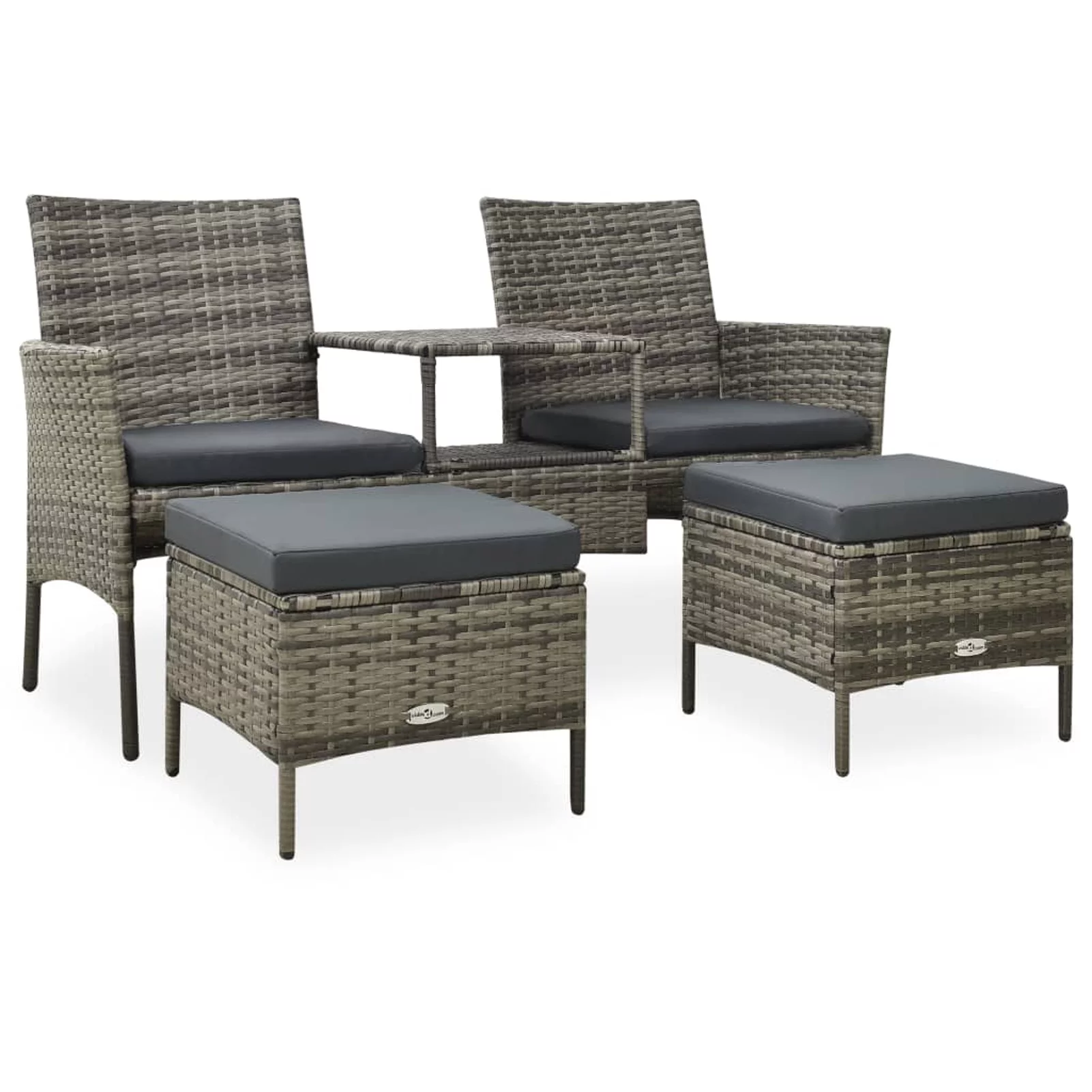 Dcenta 2-Seater Patio Sofa with Tea Table and 4 Stools Gray Poly Rattan Cushioned Garden Sofa Set for Garden, Backyard, Balcony 59.8 x 24.4 x 33.5 Inches (W x D x H)
