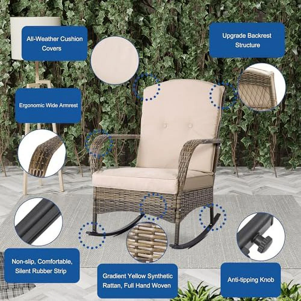 AEFRGHS 3 Pieces Patio  Set  Outdoor Rocking Chairs   Wicker Cushioned Patio Rocker with  for Porch  Garden  Poolside & Deck  Beige