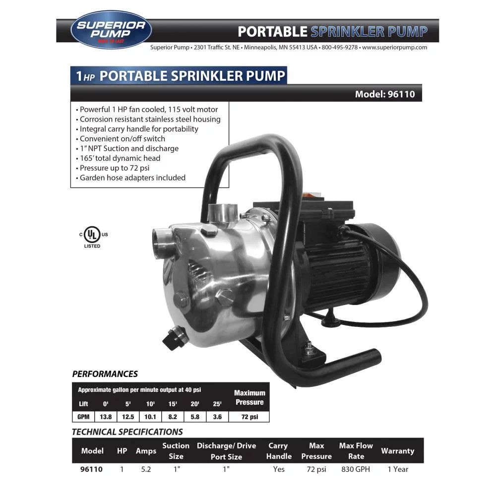 Superior Pump 96110 1 HP Portable Sprinkler Utility Pump w/ Garden Hose Adapters