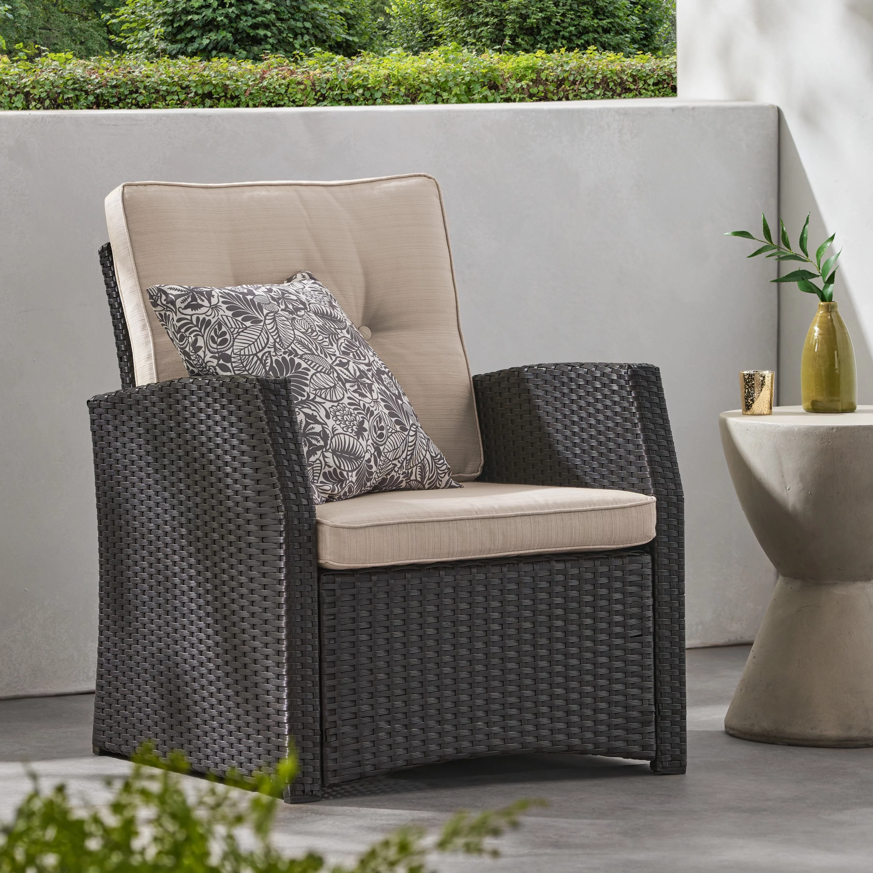 GDF Studio Nikki Outdoor Wicker Club Chair with Cushions, Dark Brown and Beige