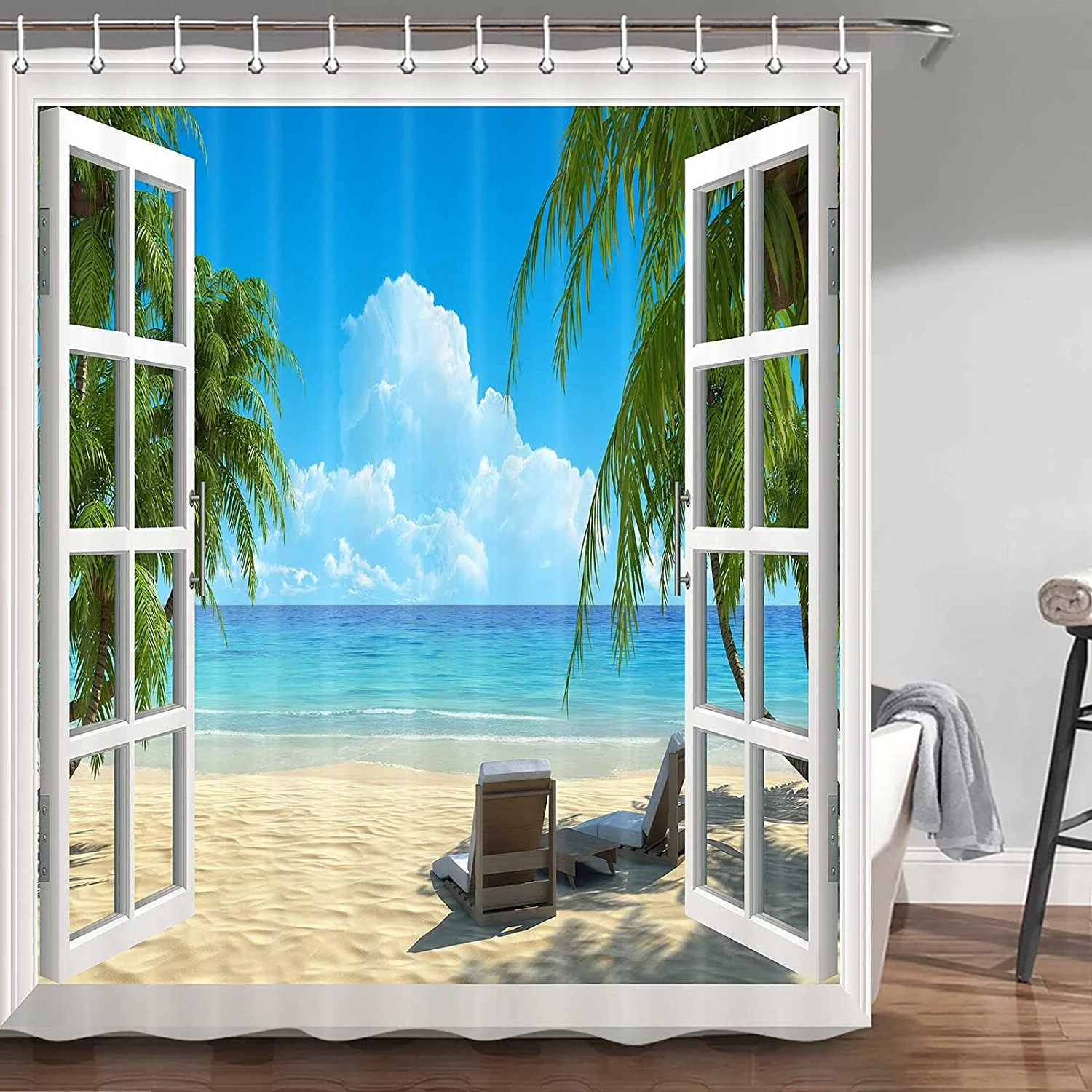 SPXUBZ Tropical Beach Shower Curtain Summer Seaside Scene Ocean Island Palm Tree Bathroom Decorations Curtain Durable Waterproof Bathtub Showers Decor with Hooks, (72X72inch)
