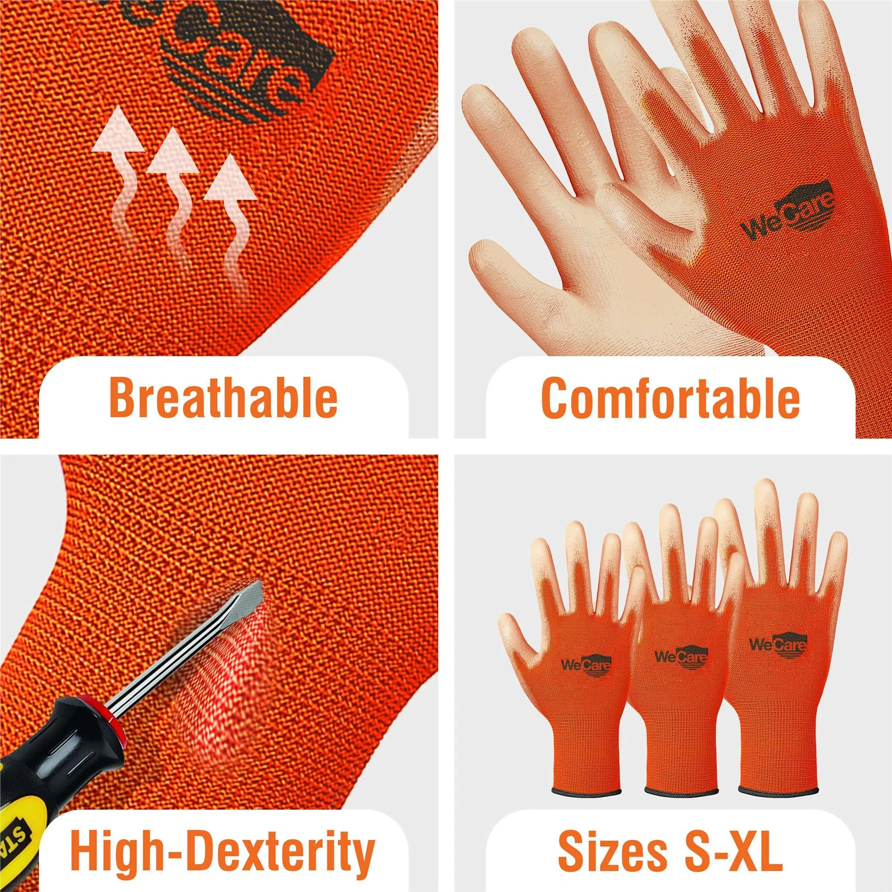 WeCare Orange Working Gloves with PU Coating (L) - 3 Pairs of Safety Work Gloves - Construction, Gardening, Electric Gloves