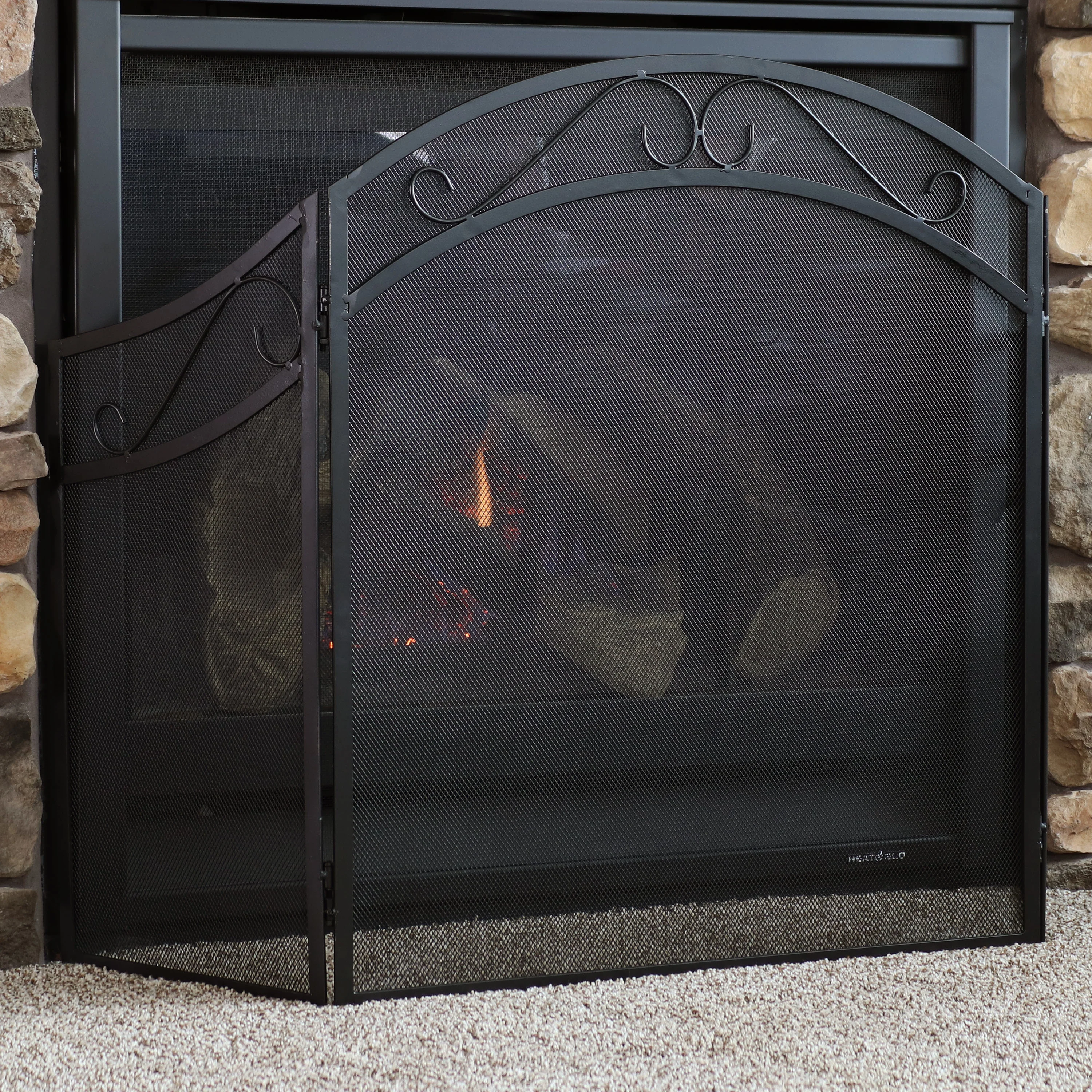 Sunnydaze Folding 3-Panel Steel Fireplace Screen with Scroll Design