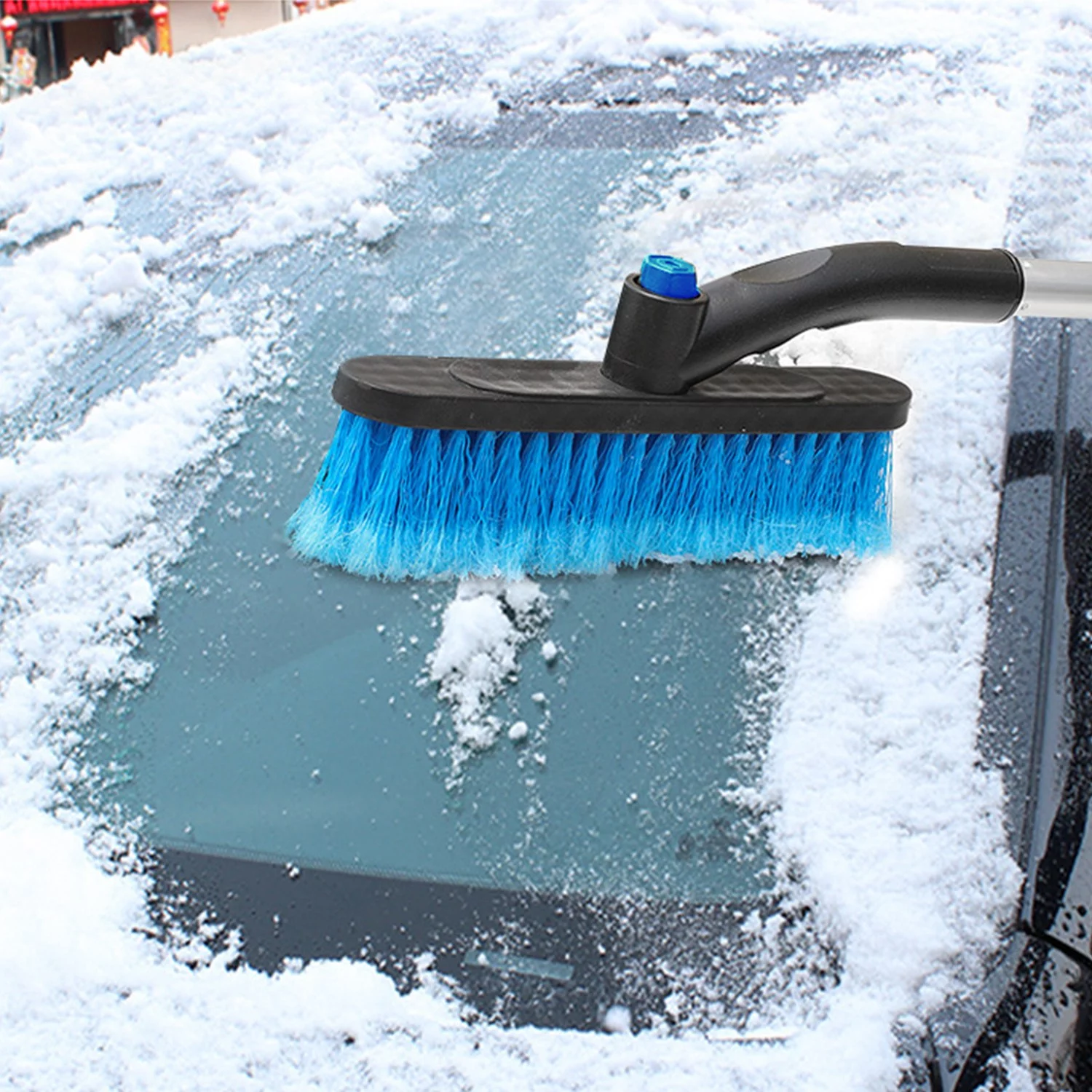 iMounTEK 3 in 1 Windshield Ice Scraper 27.56x9.06x4.33in Extendable Car Snow Removal Tool 360° Pivoting Brush Head Car Broom Snow Shovel Automobile Frost Removal, Blue