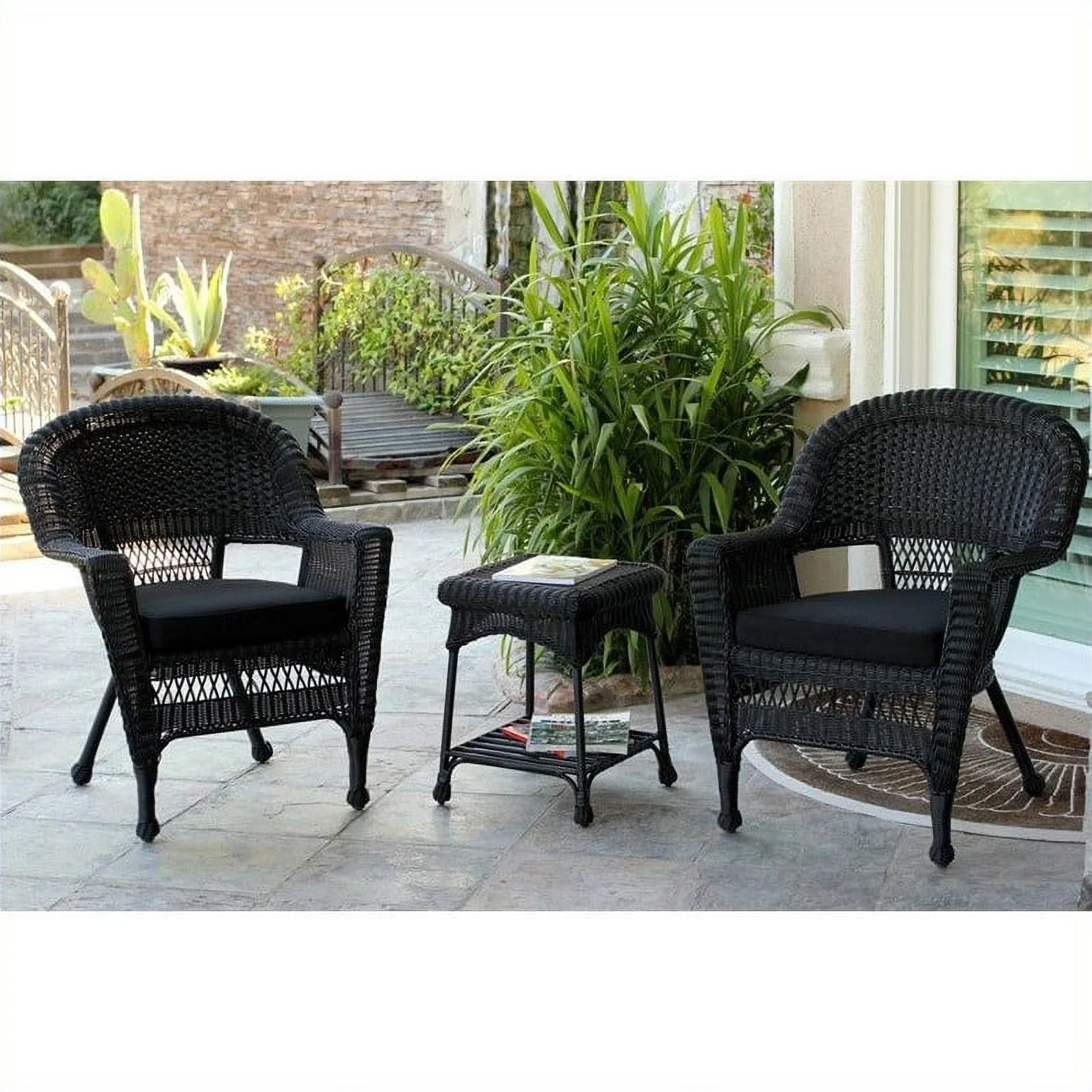 Jeco 3 Piece Wicker Conversation Set with Black Cushions