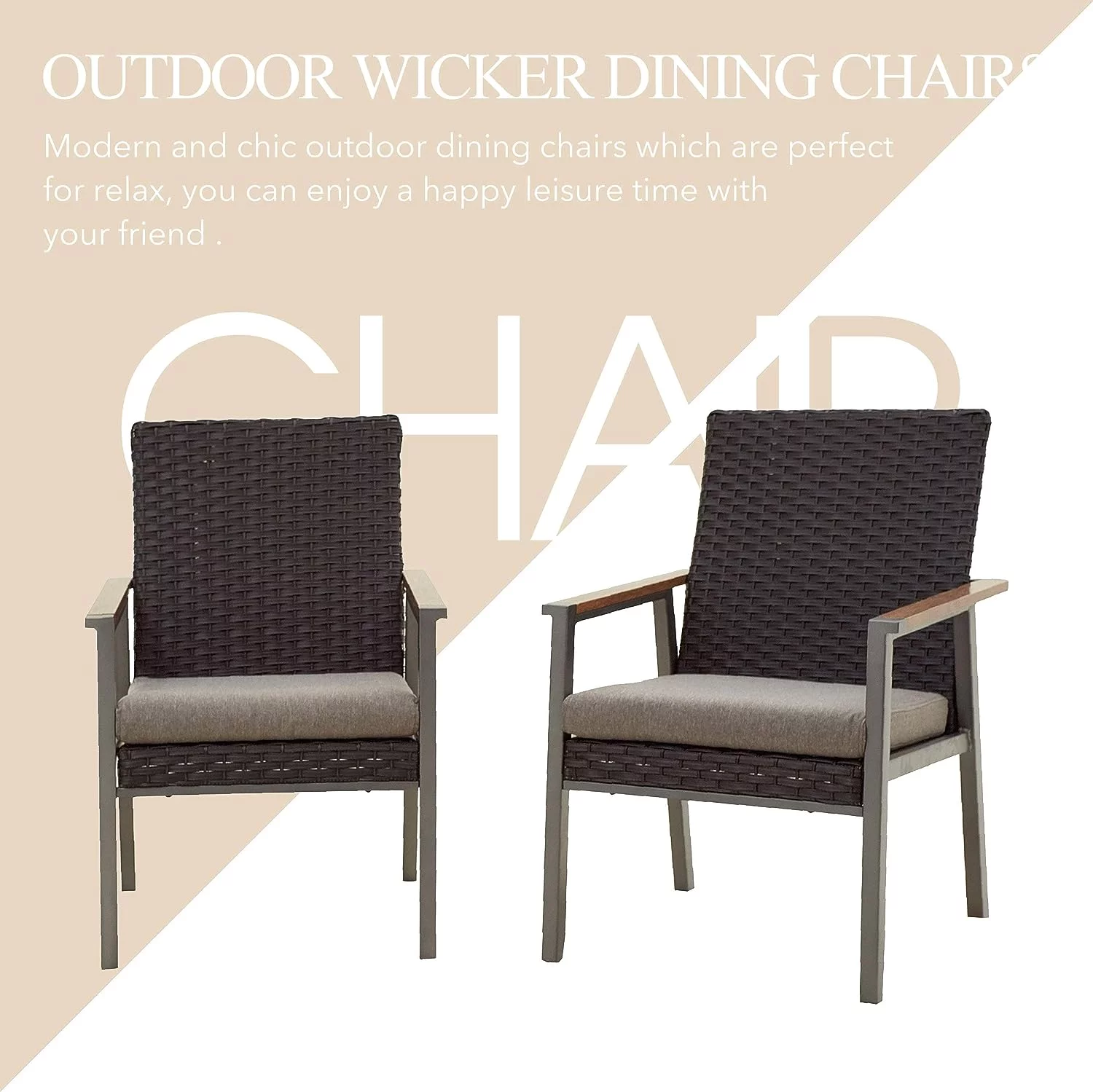 Outdoor Wicker Patio Rattan Dining Set of 2 with Gray Cushion, 2 Chairs