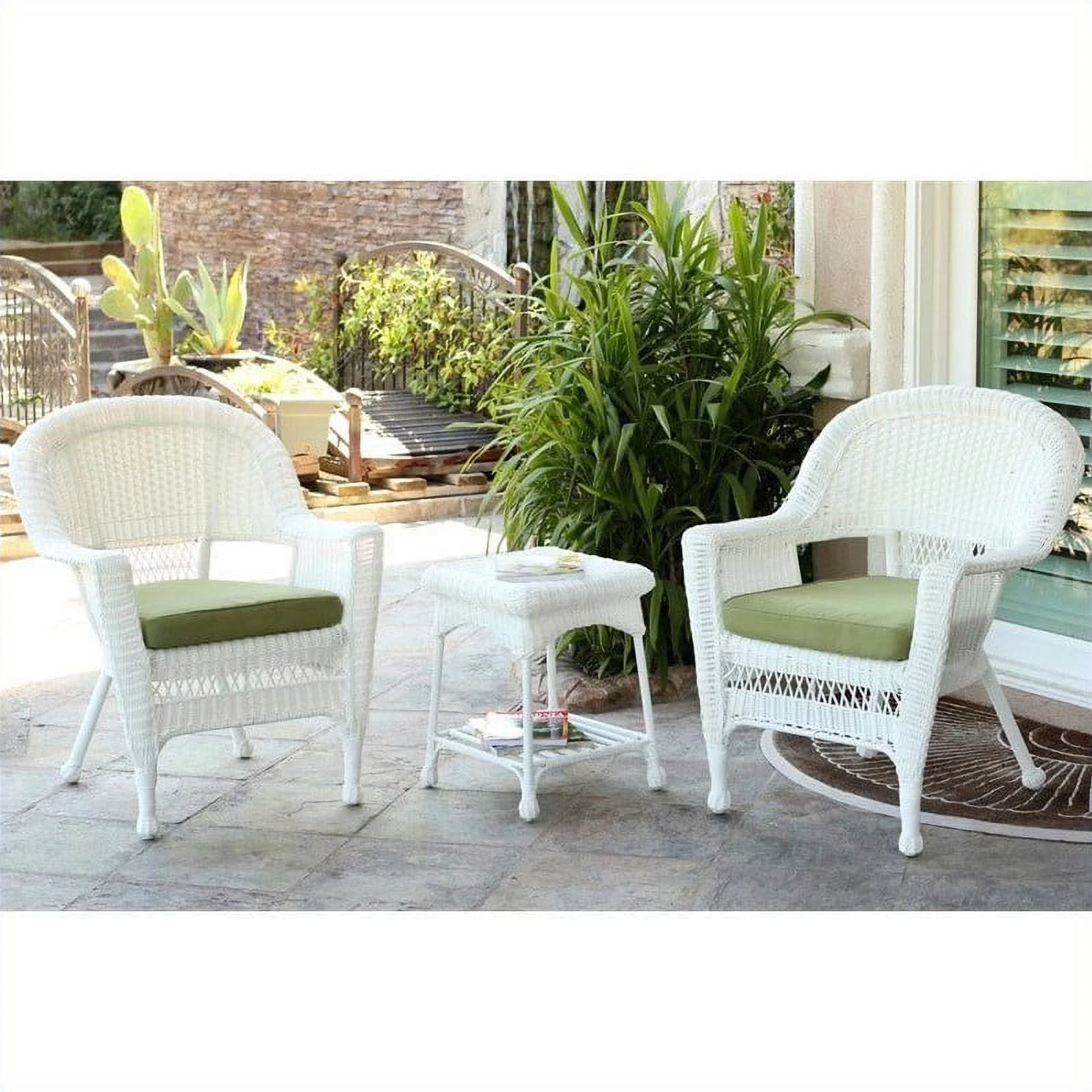 Kingfisher Lane 3 Piece Wicker Conversation Set in White with Green Cushions