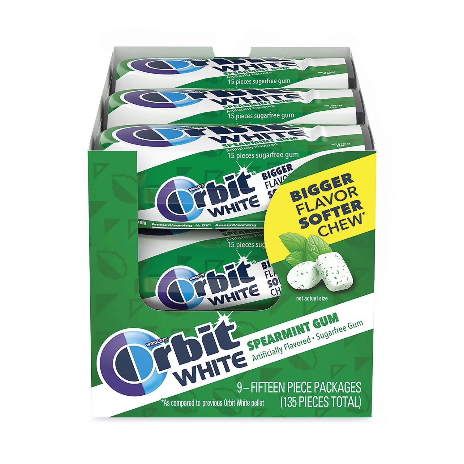 Orbit White Sugar-Free Gum, Spearmint, 15 Pieces/Pack, 9 Packs/Carton, Ships in 1-3 Business Days