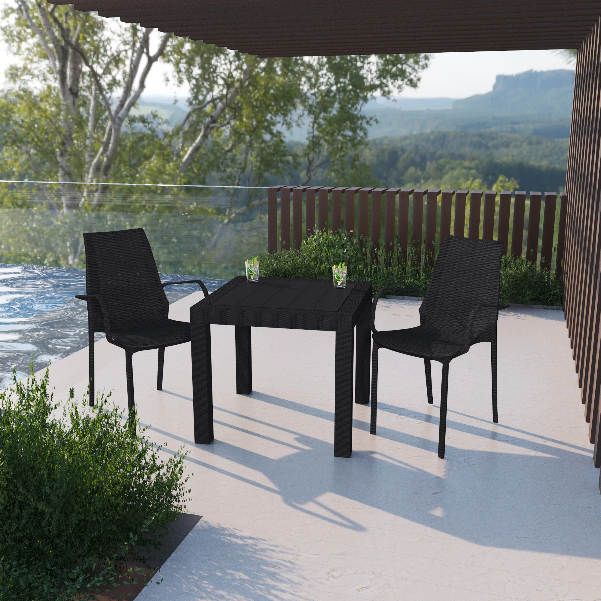 LeisureMod Kent Modern Outdoor Stackable Dining Armchair in Black Set of 2