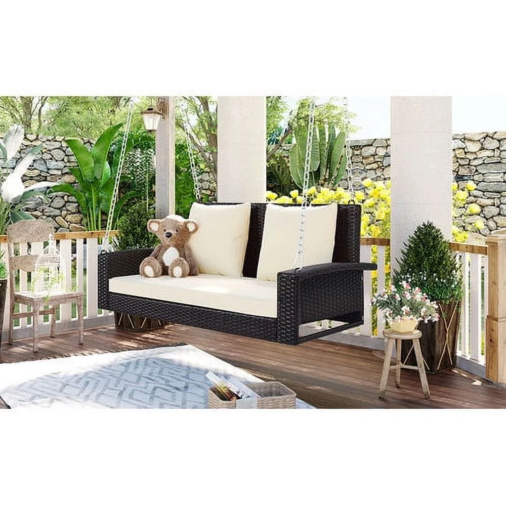 Buumin GO 2-Person Wicker Hanging Porch Swing with Chains, Cushion, Pillow, Rattan Swing Bench for Garden, Backyard, Pond. (Brown Wicker, Beige Cushion)