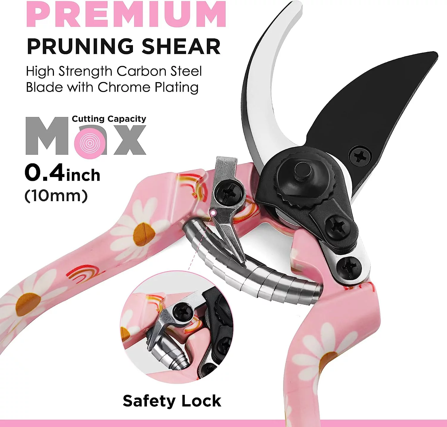 Aluminum Garden Tool Set, 4PCS Heavy Duty Hand Garden Tools with Box Include Trowel, Rake, Pruner, Garden Gloves, Pink, Garden Gifts