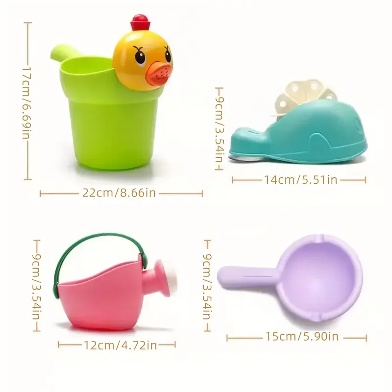 Kidsol Yellow Duck Kids Bath and Water Play 4 Piece Shower Water Bottle Set Soft Rubber Beach Bucket Toy Bath Cup, Whale Water Wheel, Water Spoon, Spray Kettle