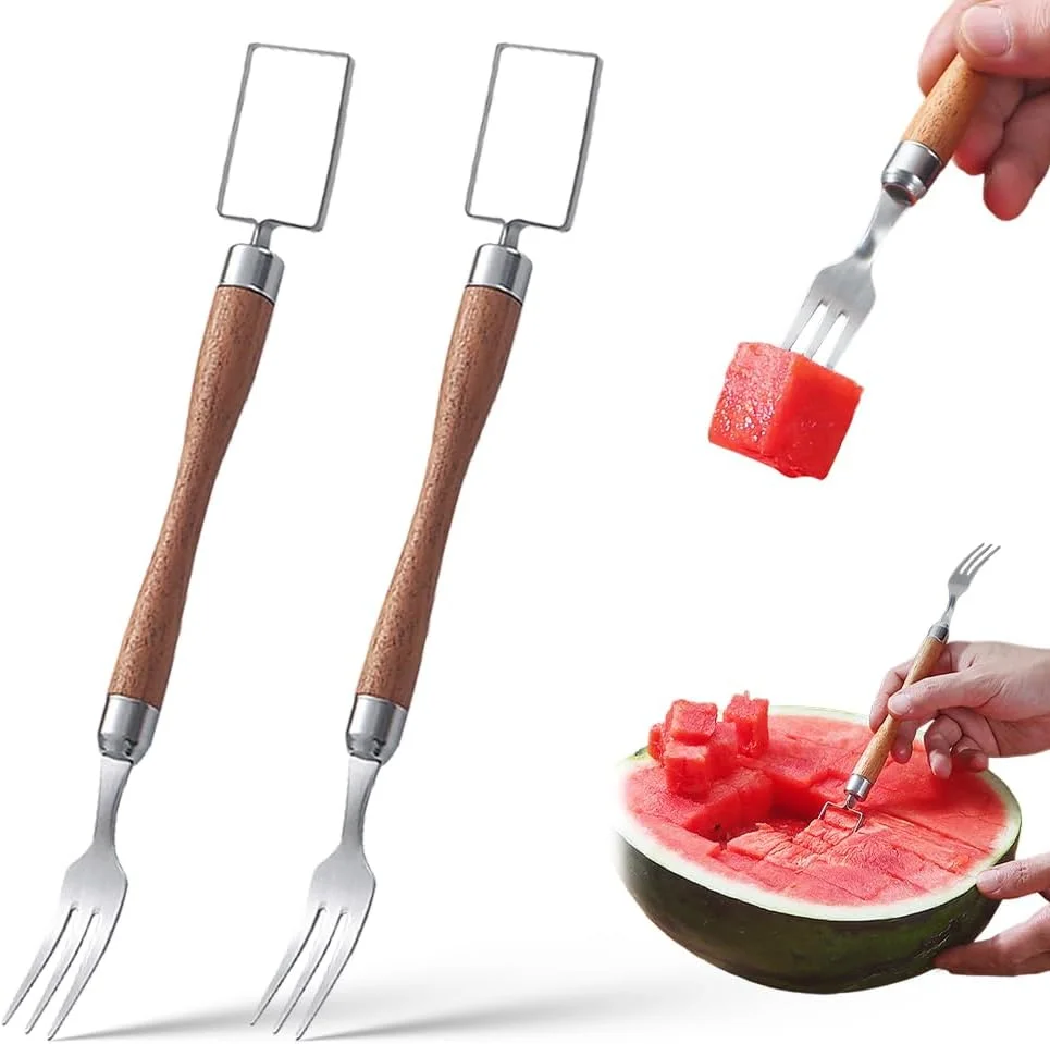 2 In 1 Stainless Steel Fruit Cutter, 2024 New Portable Dual Head Watermelon Cutter Slicer Tool, Stainless Steel Watermelon Fork Slicer Cutter for Summer Family Party Camping