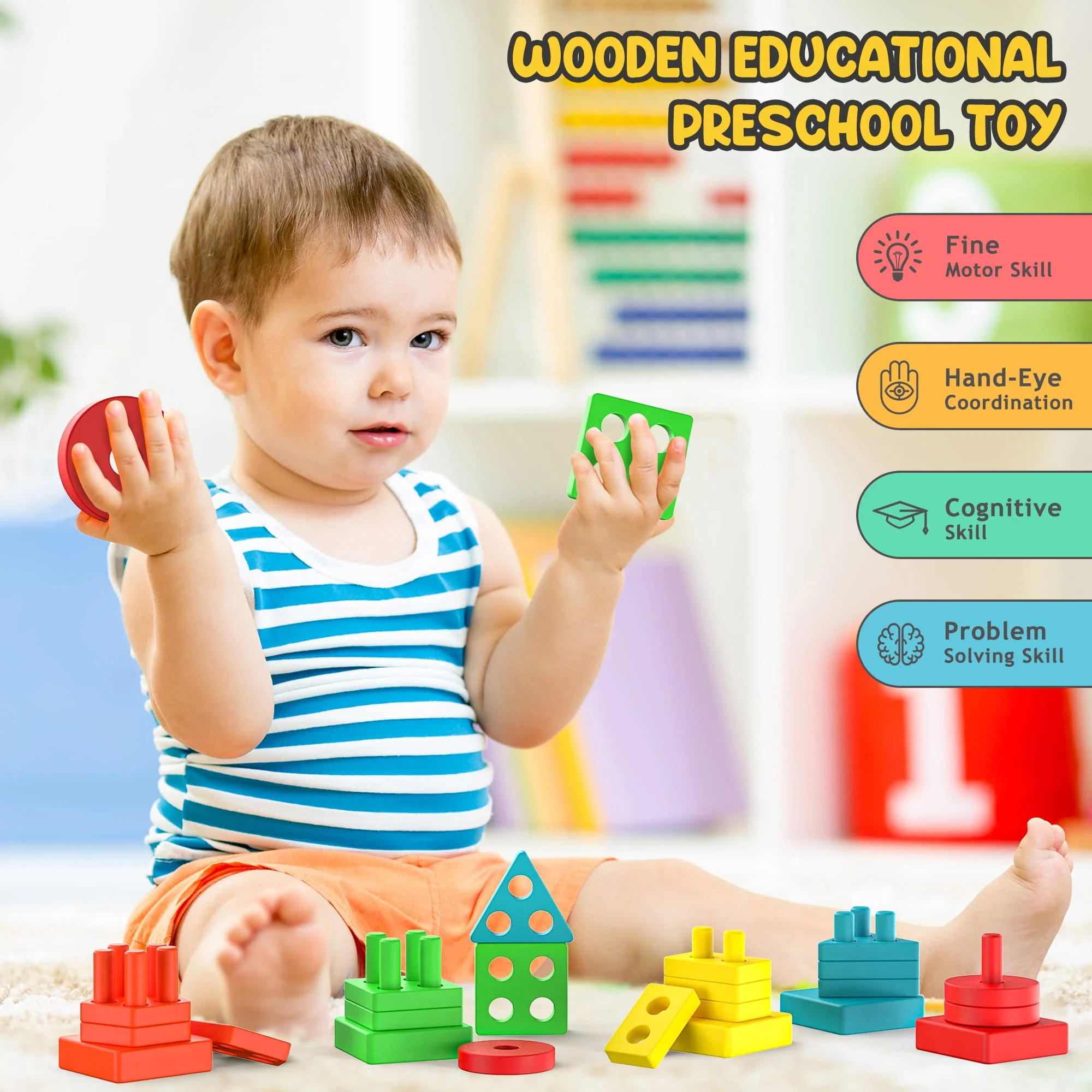 UUGEE Wooden Stacking Montessori Learning Toys for Toddlers 1 2 3 Year Old Boy Girl, Baby Sorting Educational Gifts Shape and Color Stacker