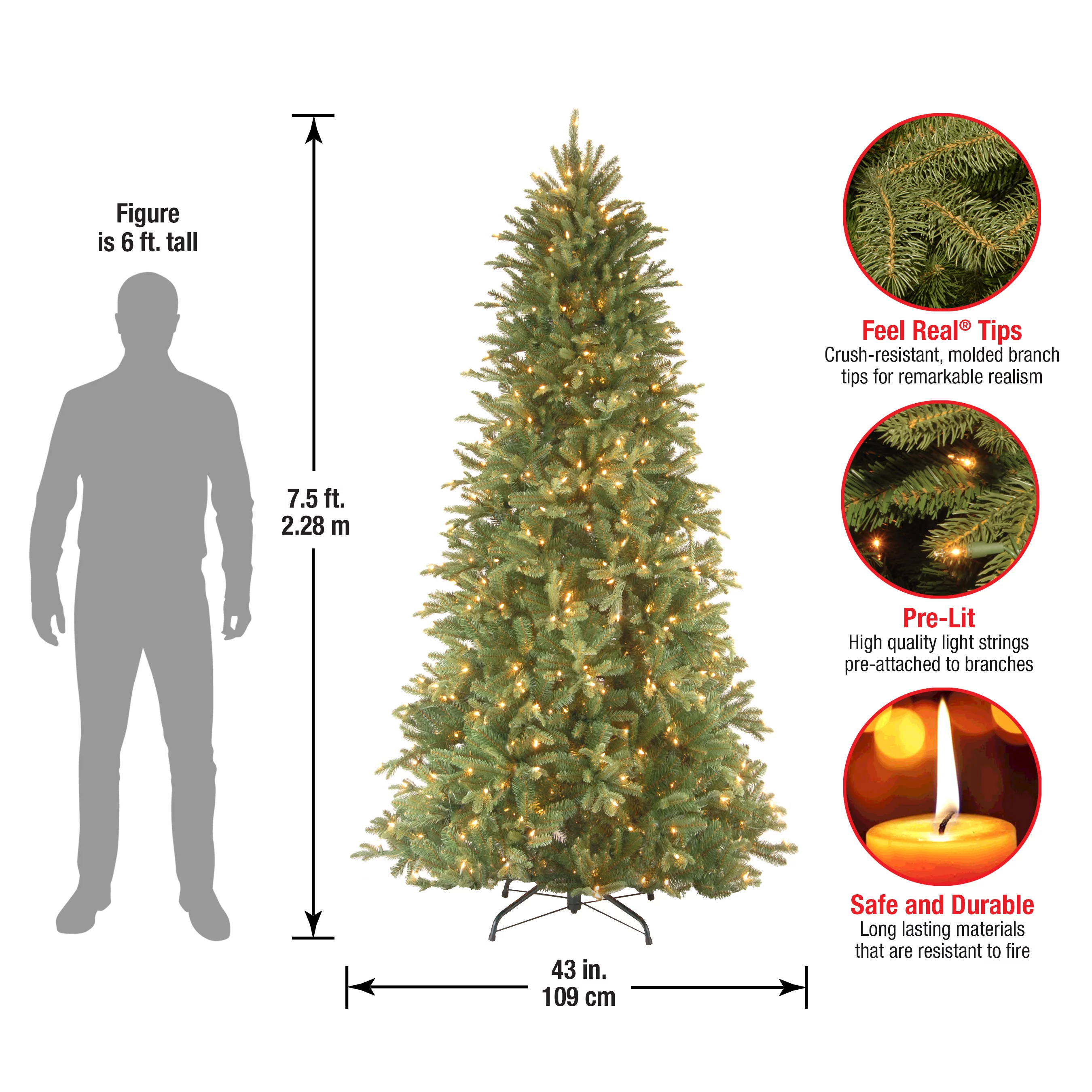 National Tree Company Pre-Lit 'Feel Real' Artificial Slim Christmas Tree, Green, Tiffany Fir, White Lights, Includes Stand, 7.5 Feet