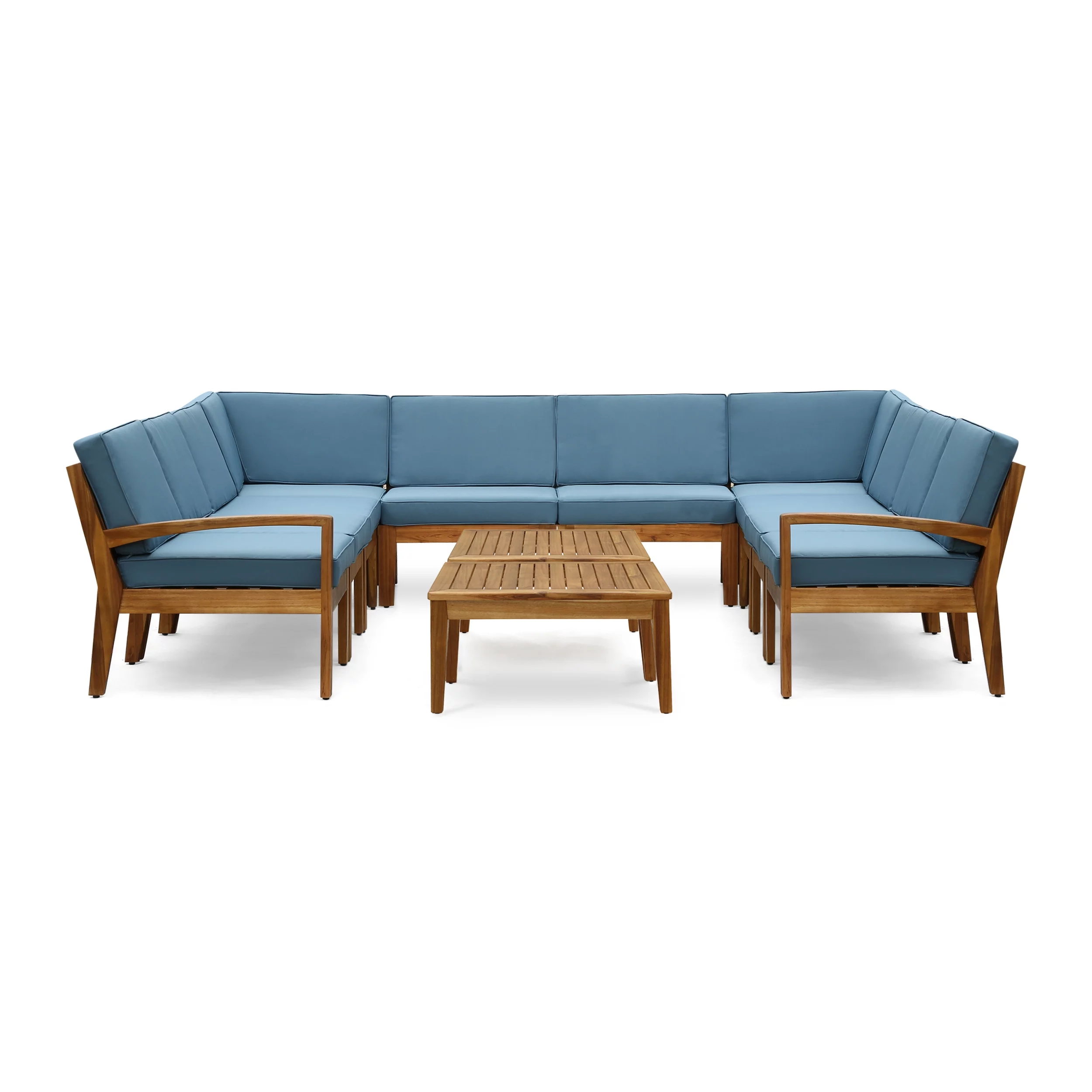 GDF Studio Parma Outdoor Acacia Wood 10 Seater Sectional Sofa Set with Coffee Table Set, Teak and Blue