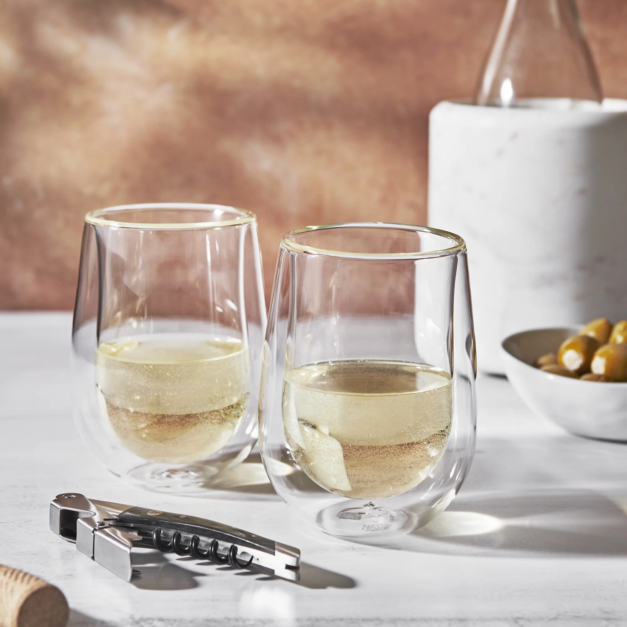ZWILLING Sorrento Double-Wall Stemless White Wine Glasses with Waiters Corkscrew 3-pc Set
