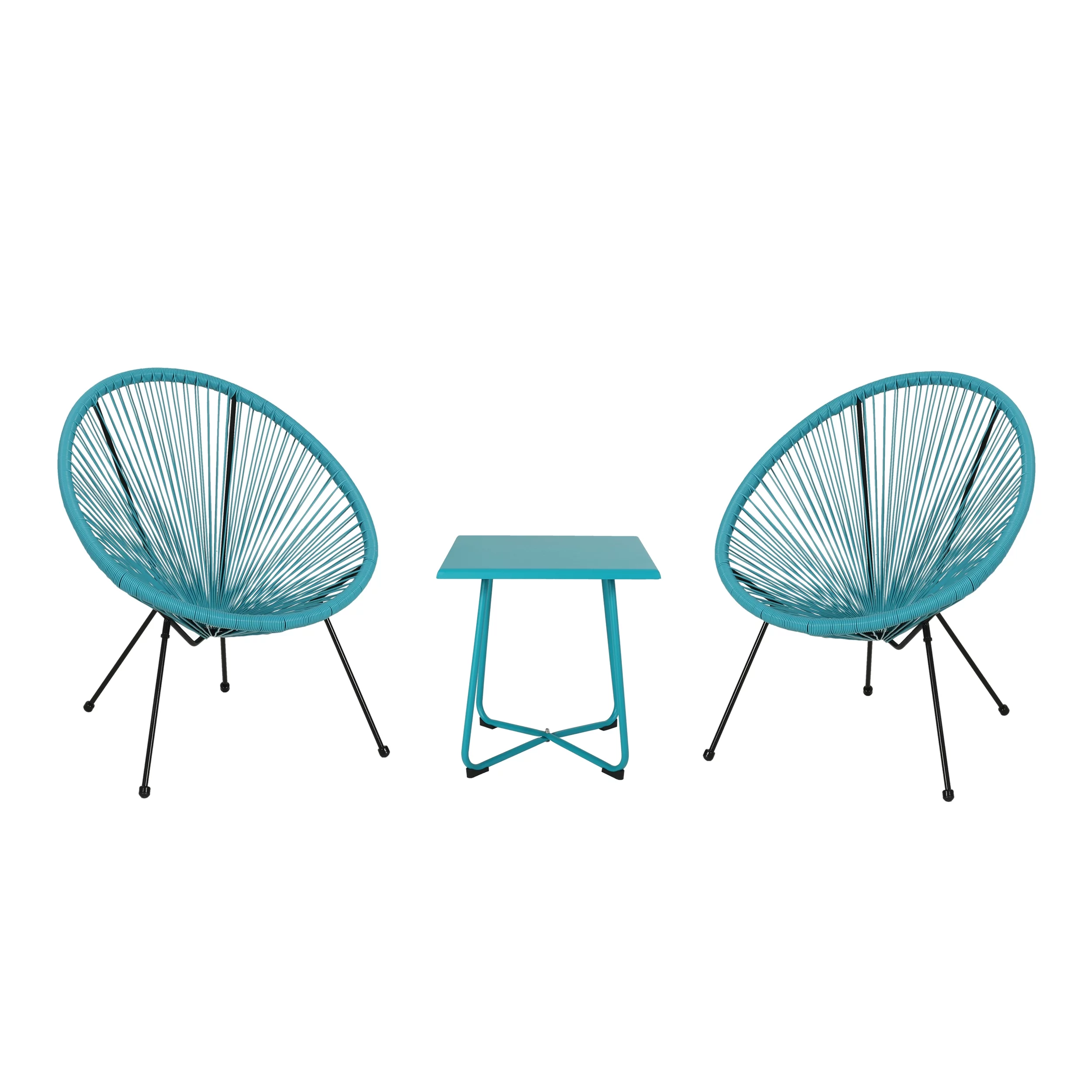 Yanais Outdoor Woven 3 Piece Chat Set, Teal and Black