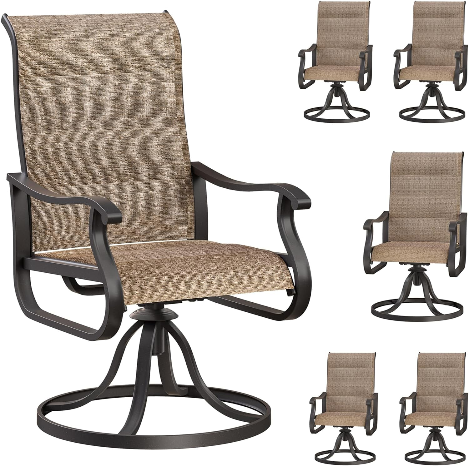 Patio Swivel Chairs Set of 6, Outdoor Dining Chairs with High Back, All-Weather Swivel Rocker Chair for Lawn, Porch or Garden (Padded Brown)