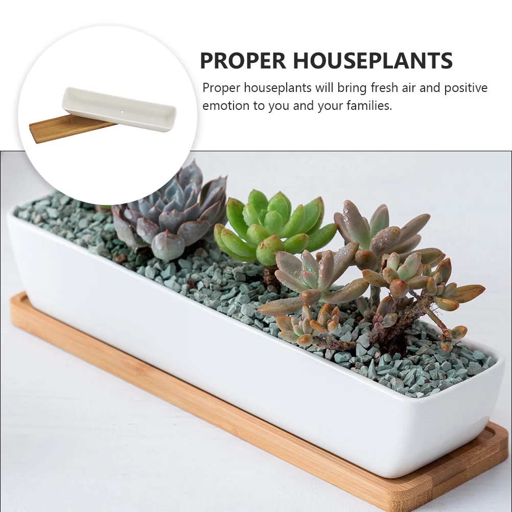 Guichaokj Rectangular Succulent Flowerpot Gardening Ceramic Plant Pot with Bamboo Saucer
