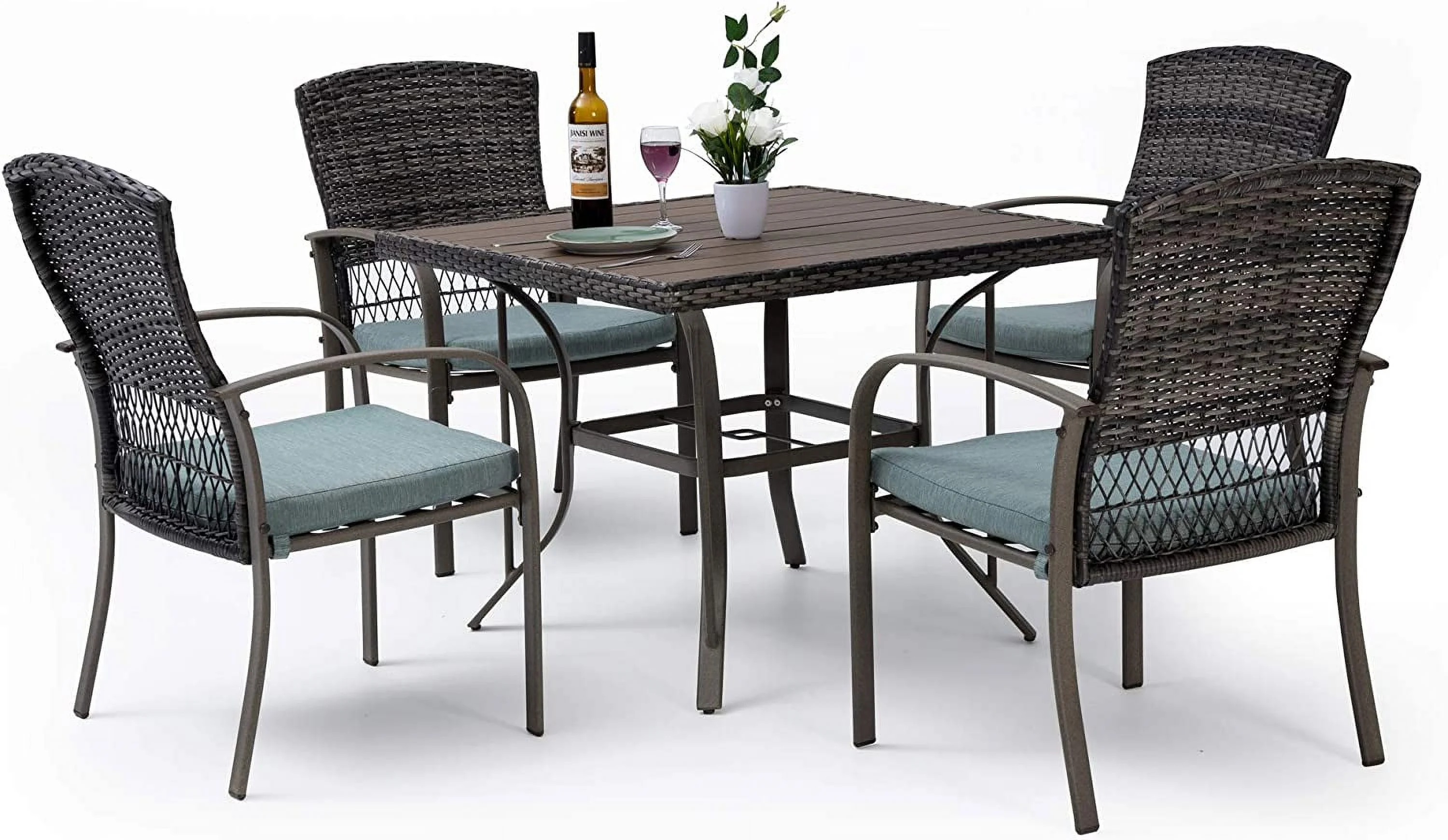 Patio Dining Table Set  Garden Dining Set 7 Piece  Outdoor Wicker Furniture Set for Backyard Garden Deck Poolside/Iron Slats Table Top  Removable Cushions(Green)