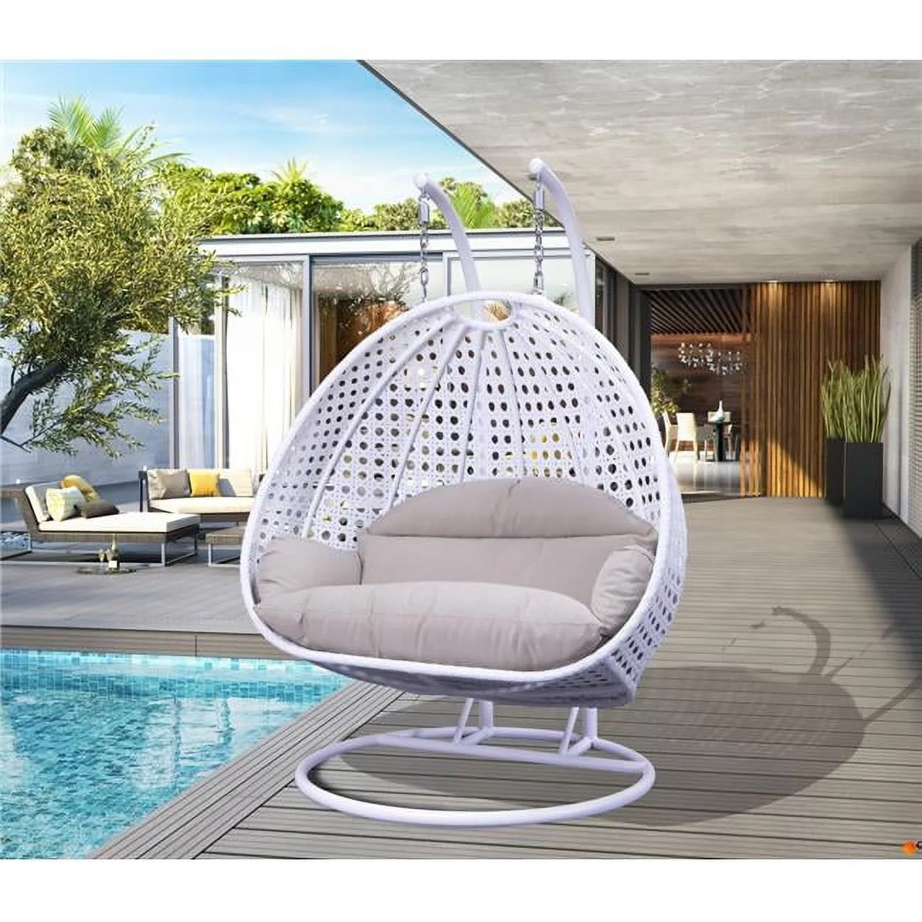 78 x 57 x 27 in. White Wicker Hanging 2 Person Egg Swing Chair, White & Beige