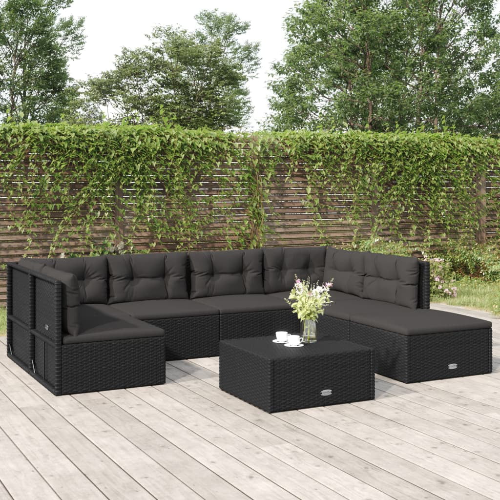 Walmeck 7 Piece Patio Set with Cushions Black Poly Rattan