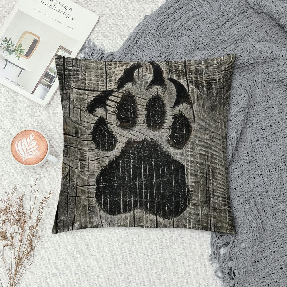 Throw Pillow - Bear Mirage Lodge Decorative Throw Pillow with Weathered Wood Grain Bear Paw Print Pattern - Square
