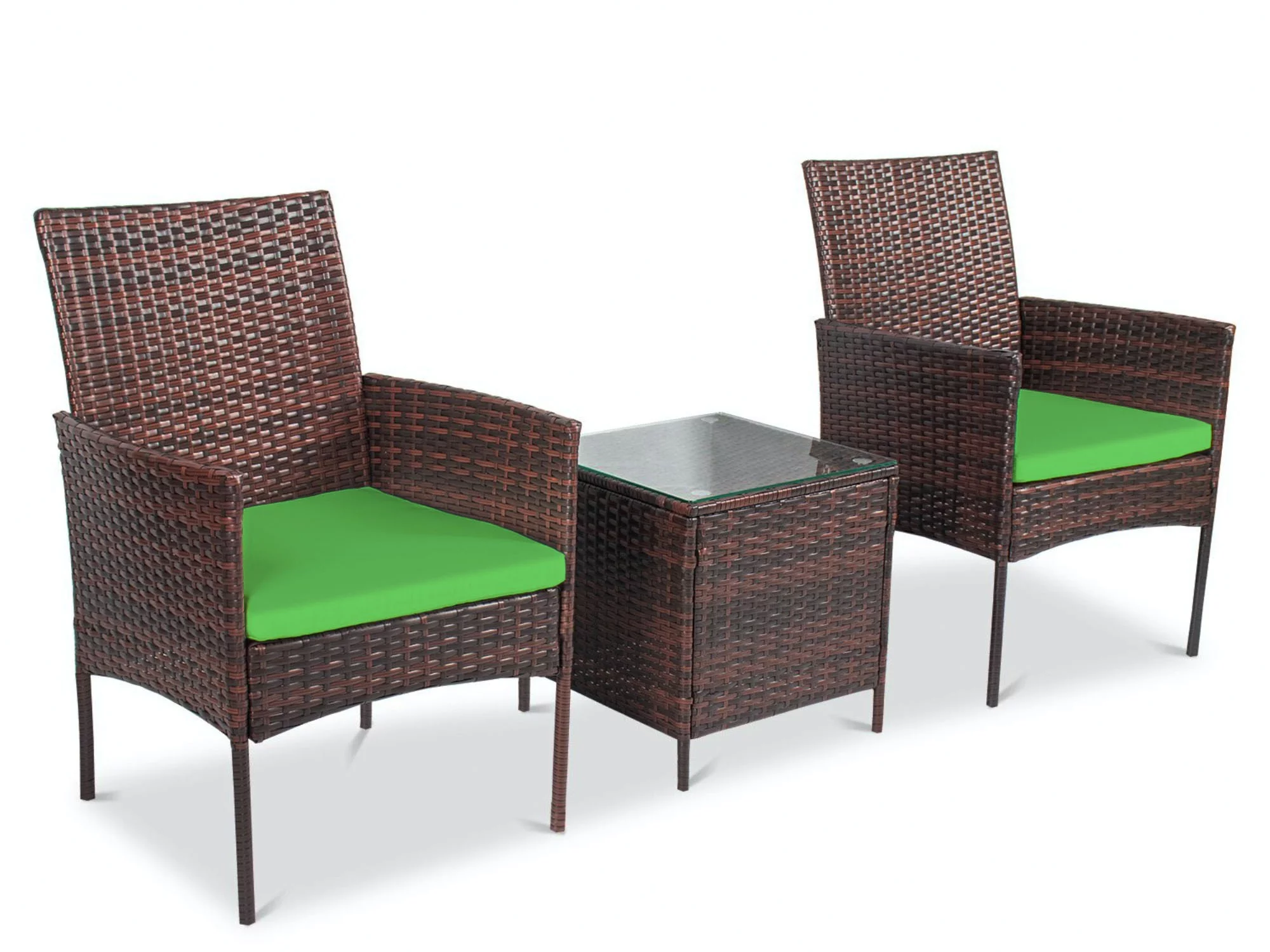 Hannah 3 Piece Bistro Rattan Patio Furniture Set – 2 Comfortable Chairs With a Beautiful Squire Tea Table - Green