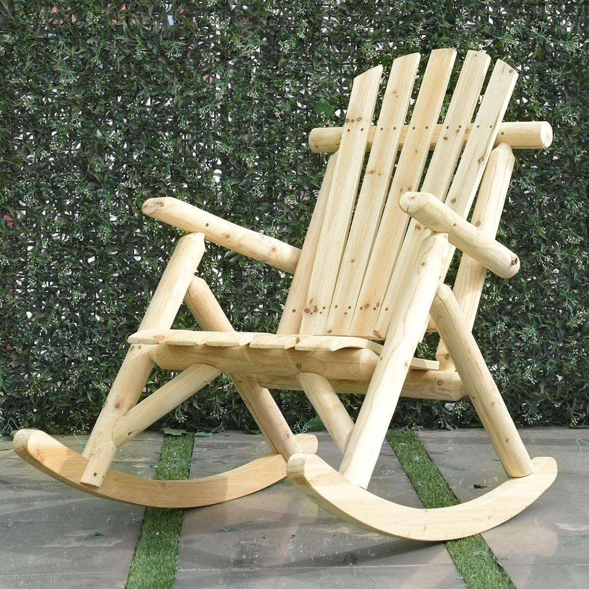 Log Rocking Chair Wood Porch Rocker Lounge Patio Deck Balcony Furniture Rustic Single Rocker Natural
