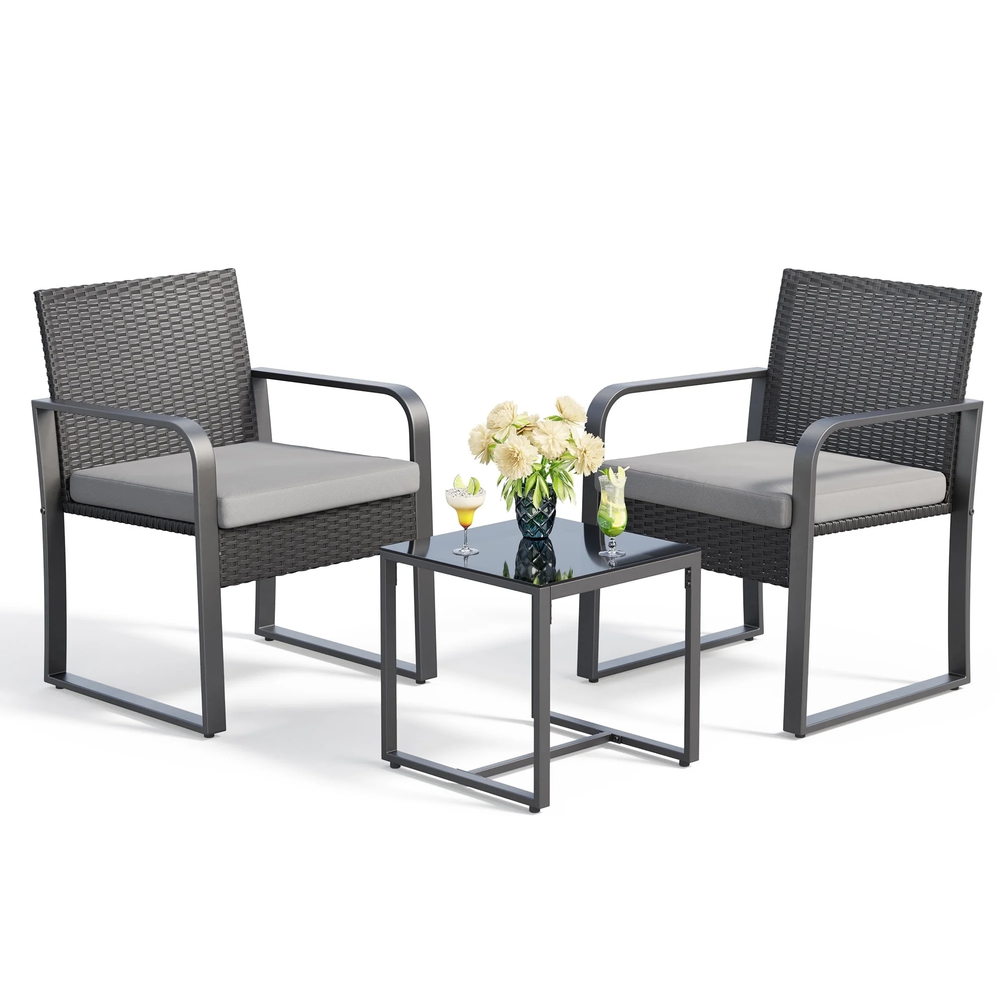 Aiho 3 Piece Patio Bistro Set, Solid & Durable, Outdoor Chairs with Glass Table Rattan for Balcony, Patios, Grey Cushion
