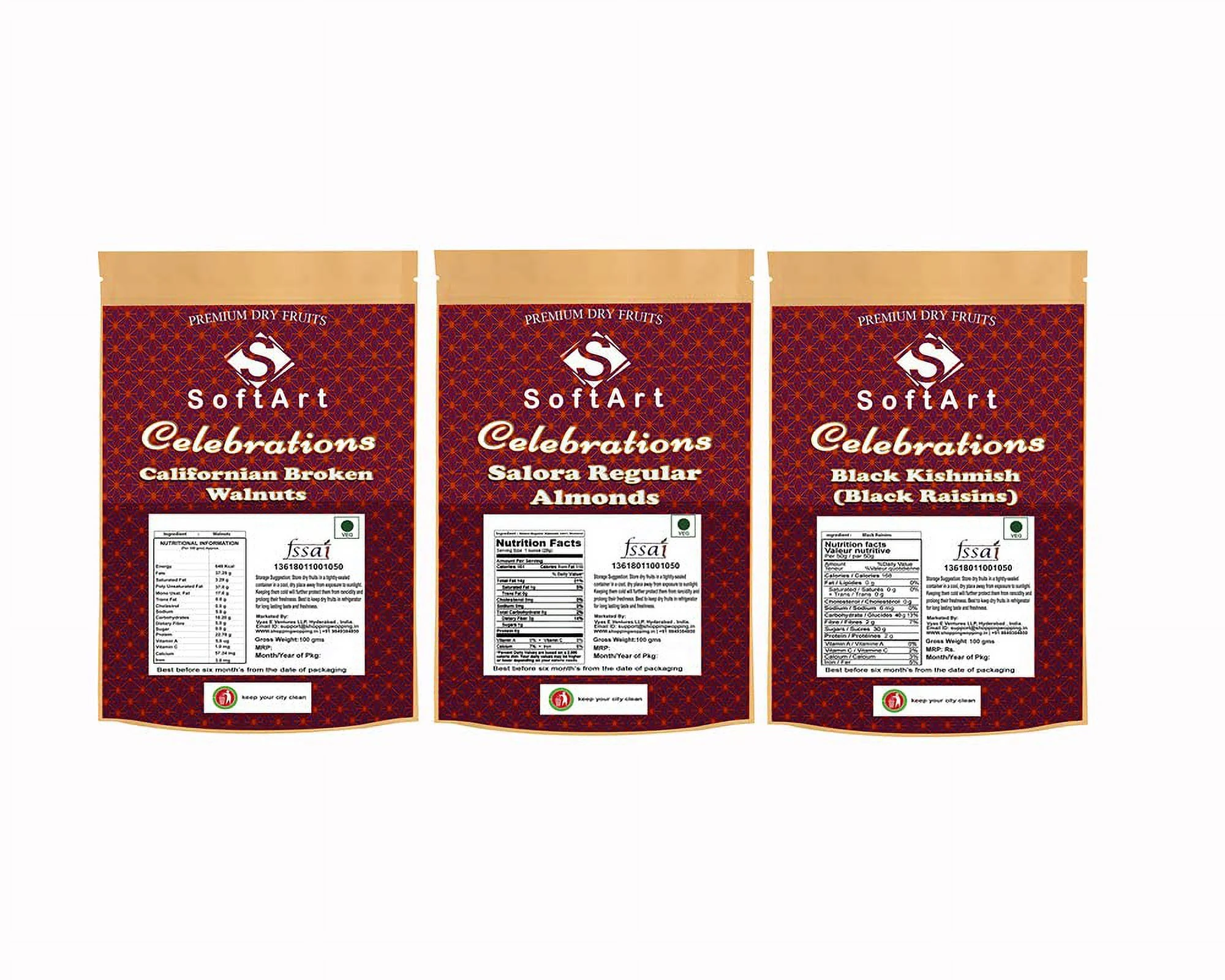 Dry Fruits Combo Of Broken Walnuts, Salora Regular Almonds & Black Kishmish (100G Each)