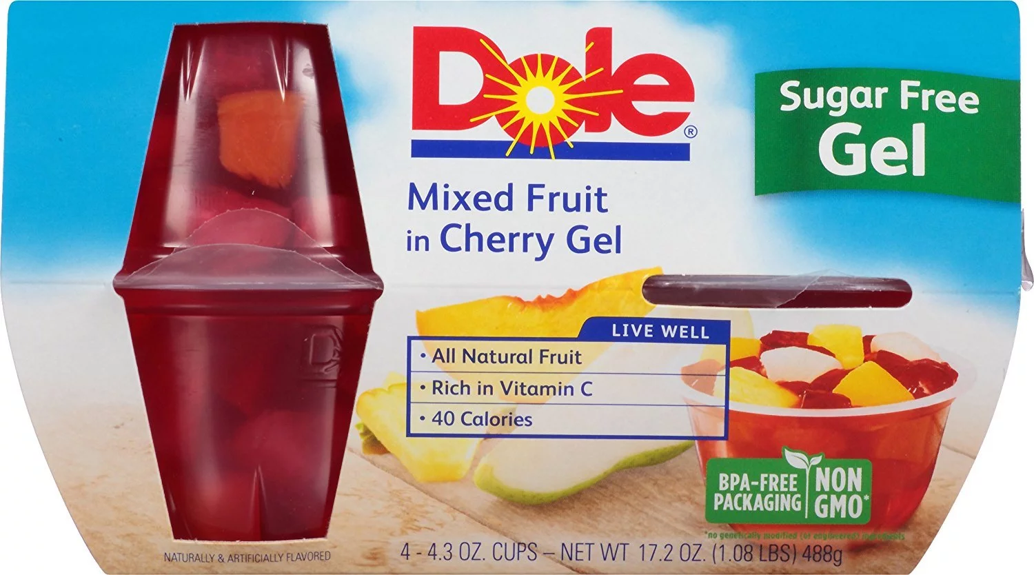 DOLE FRUIT BOWLS Mixed Fruit in Cherry Gel, 4.3 Ounce, 4 Cups (Pack of 6)