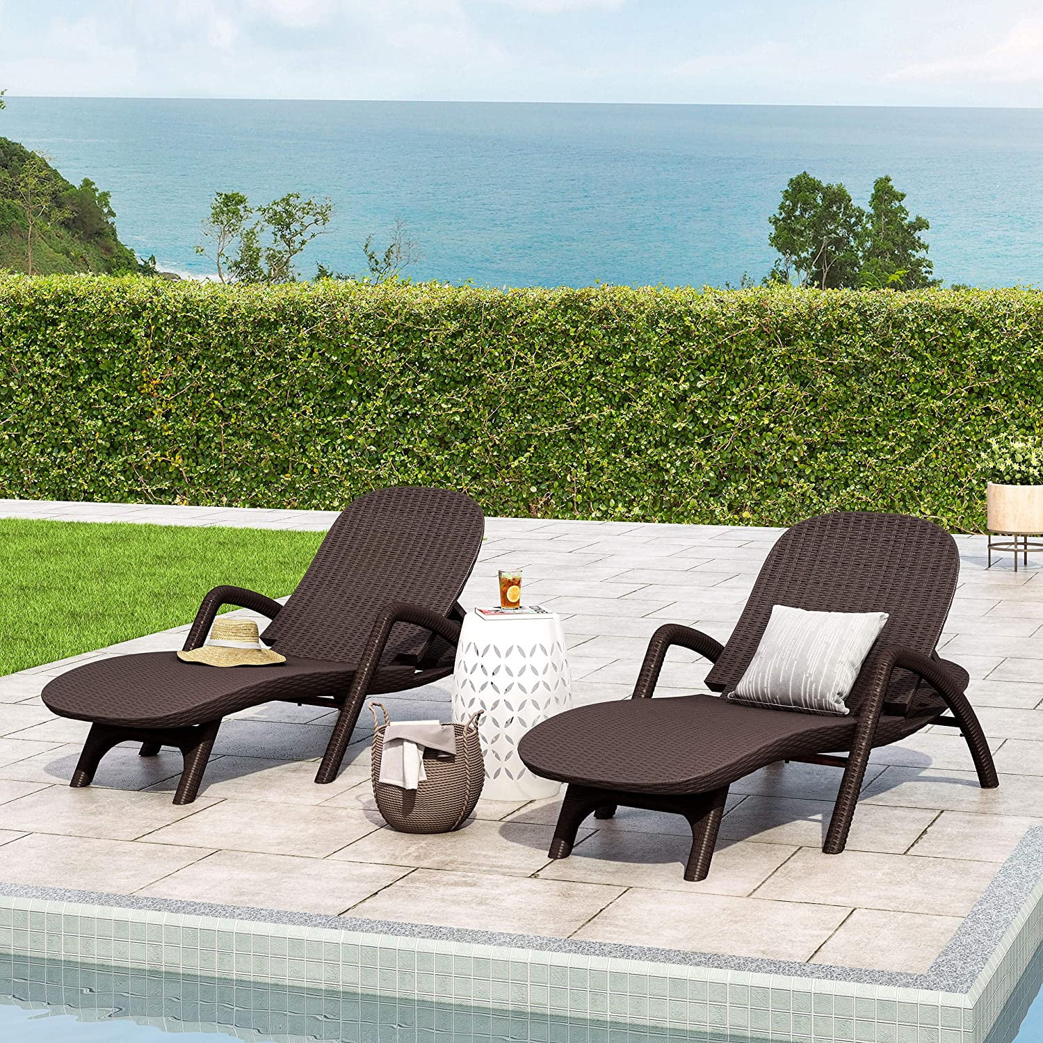 MINGFENG Blanche Outdoor Faux Wicker Chaise Lounges (Set of 2), Dark Brown
