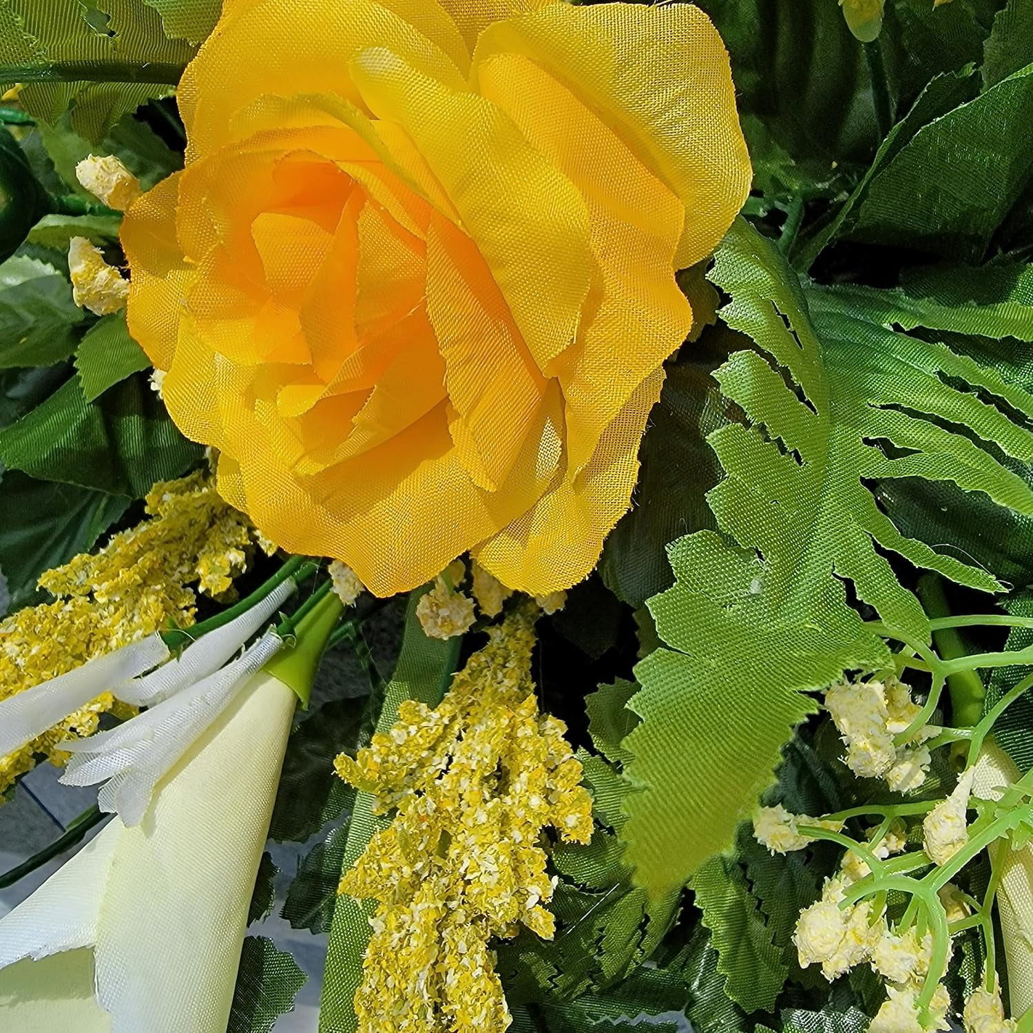 Grave Flowers Cemetery Saddles Yellow Roses & Calla Lilies Artificial Floral Arrangement 2 PACK Headstone Decoration